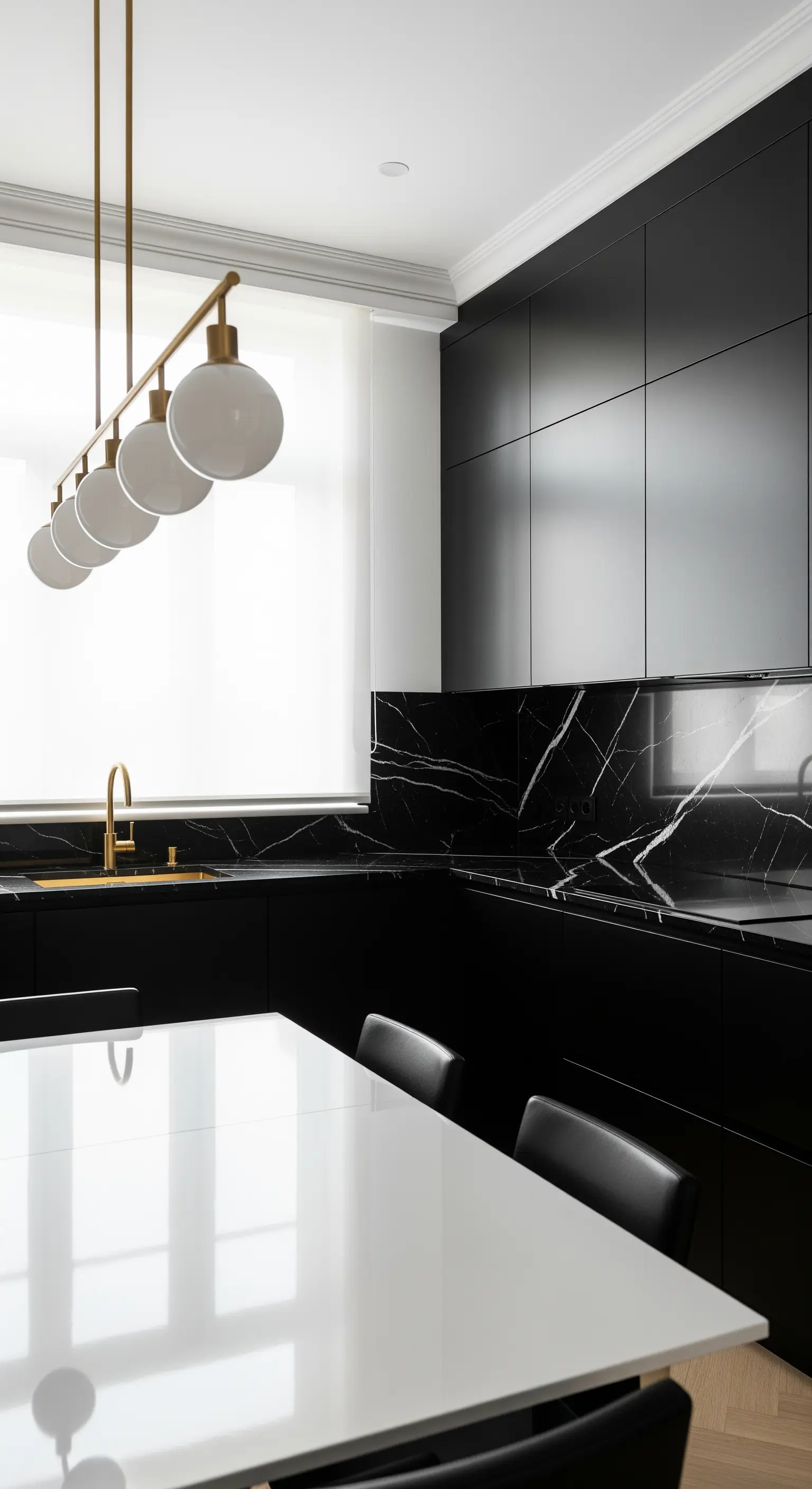 Cucina moderna nera con marmo nero, tenda a rullo bianca e rubinetto dorato.