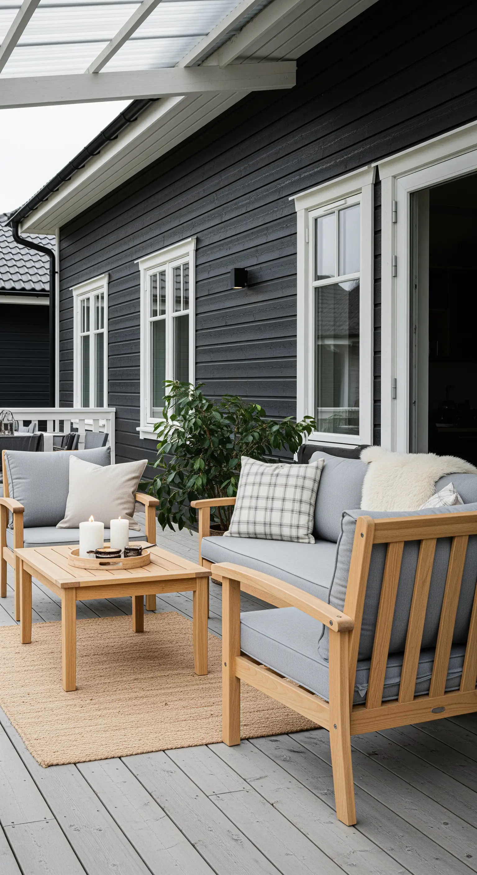 Patio con parete nera, arredi in legno chiaro, cuscini grigi e tappeto in juta