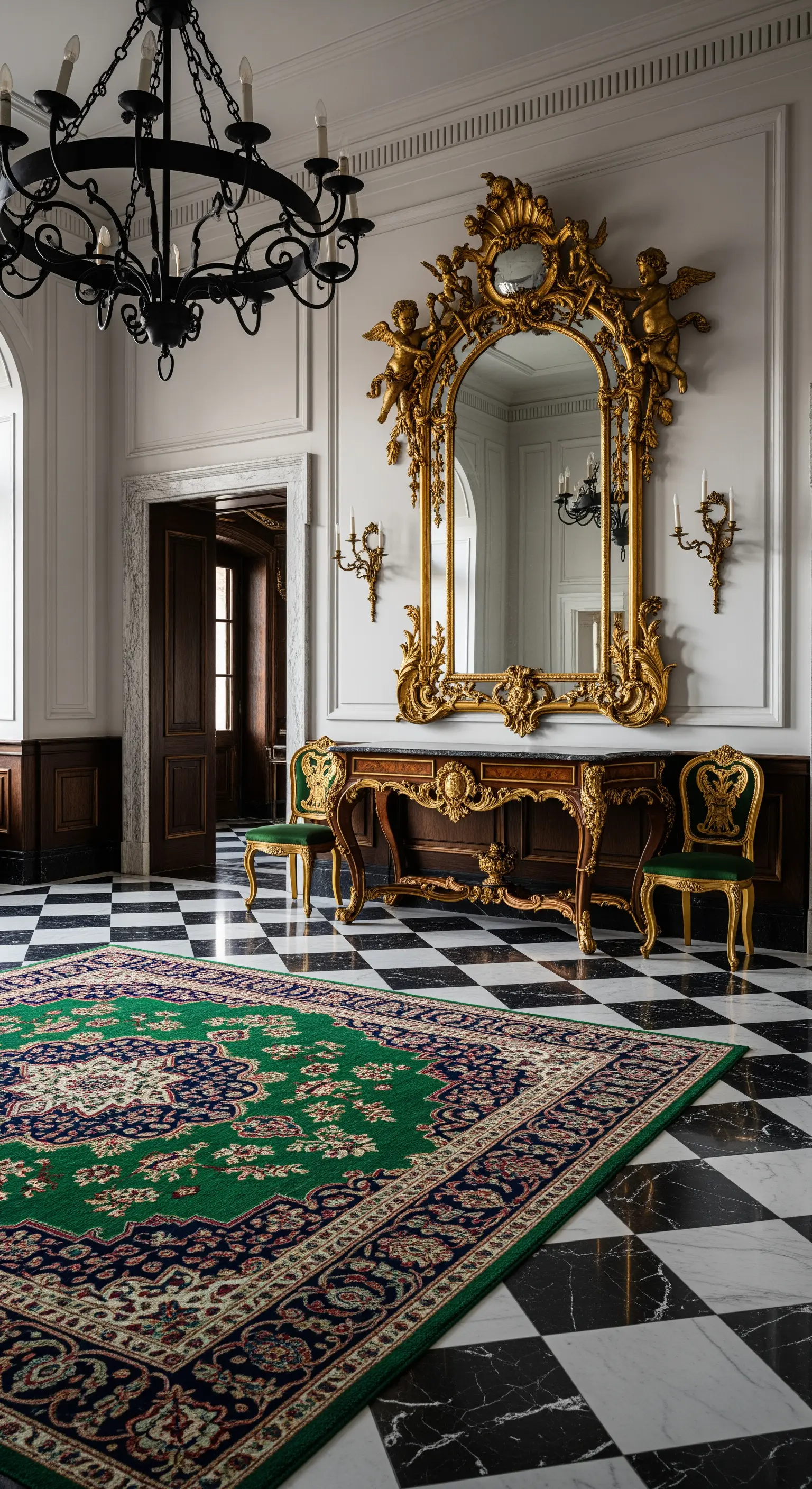 Ingresso scenografico con pavimento a scacchi, specchio barocco e tappeto verde.