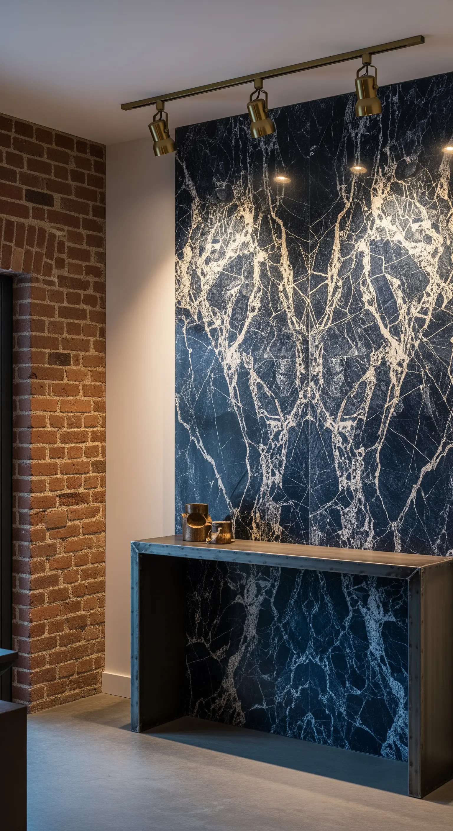 Parete effetto marmo blu accanto a un muro di mattoni, con consolle in metallo.