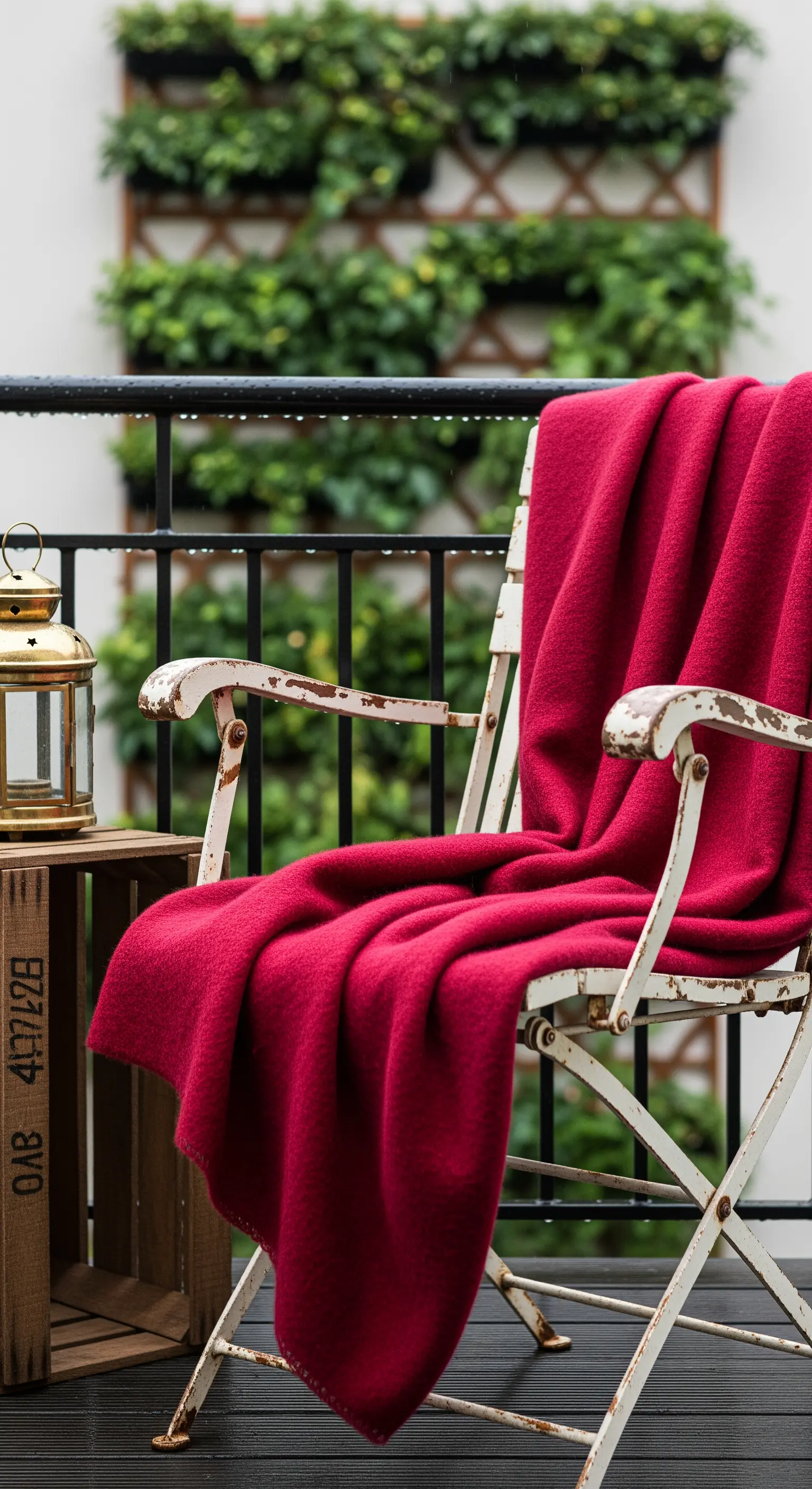 Sedia pieghevole bianca invecchiata con una coperta di lana rossa vibrante.