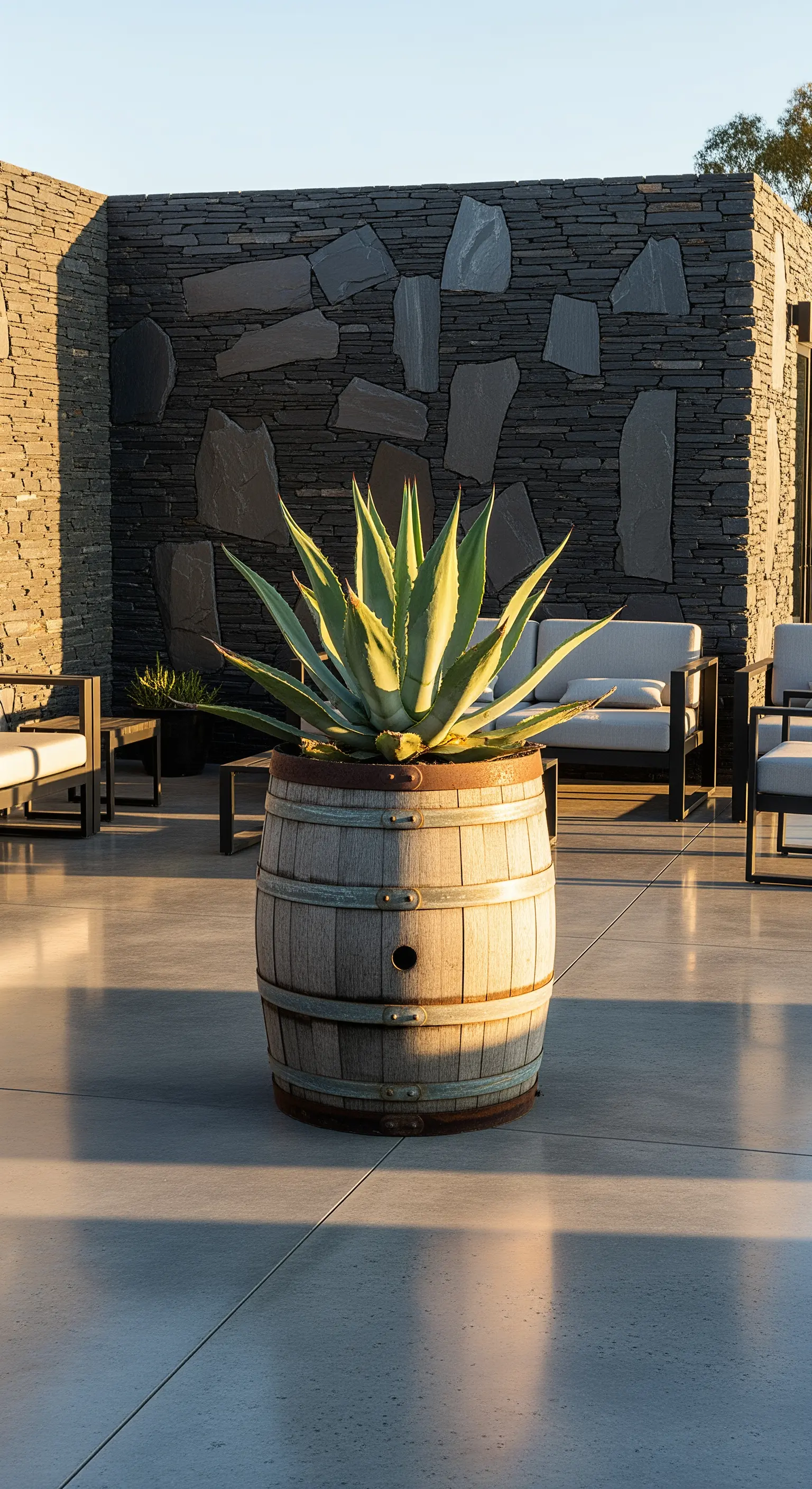 Patio moderno con una grande agave piantata in una botte di legno chiaro