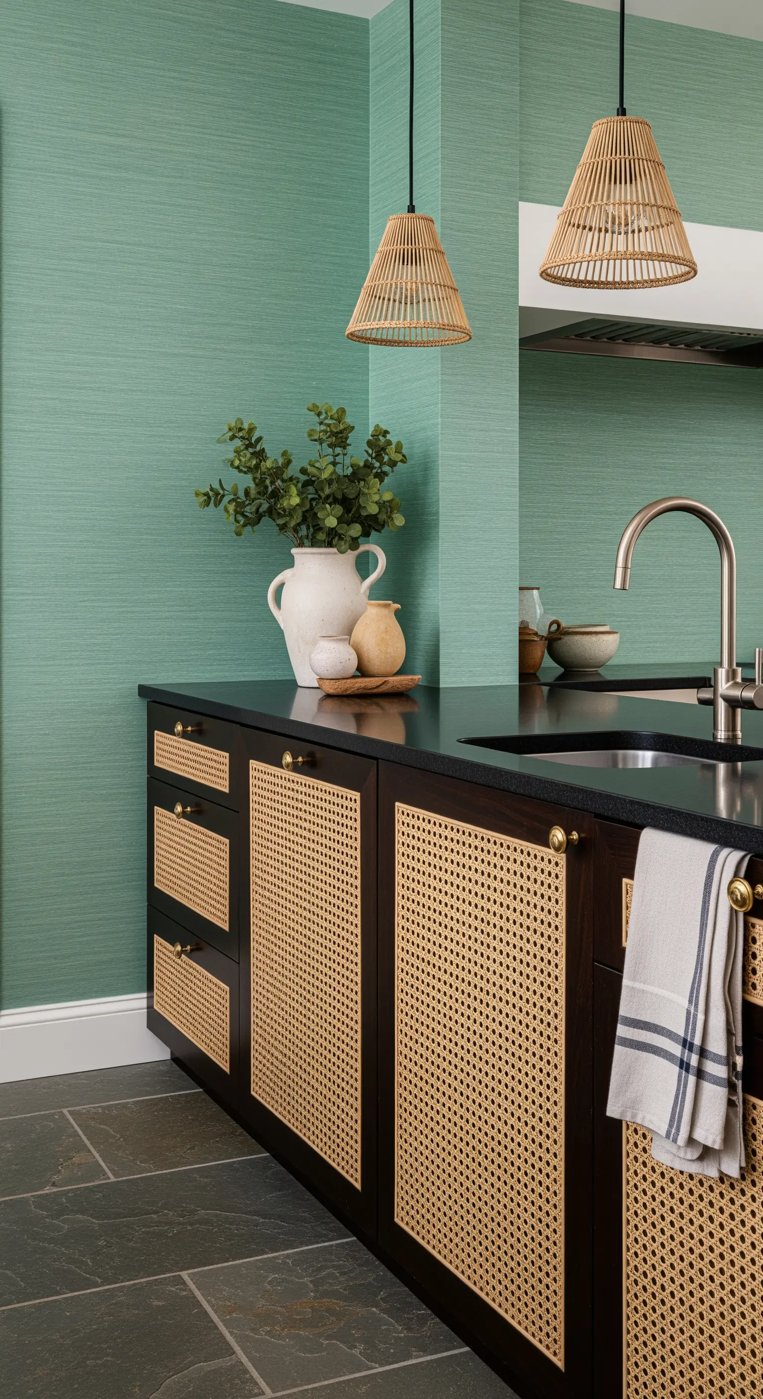 Mobili da cucina in legno scuro con ante e cassetti in paglia di Vienna chiara.