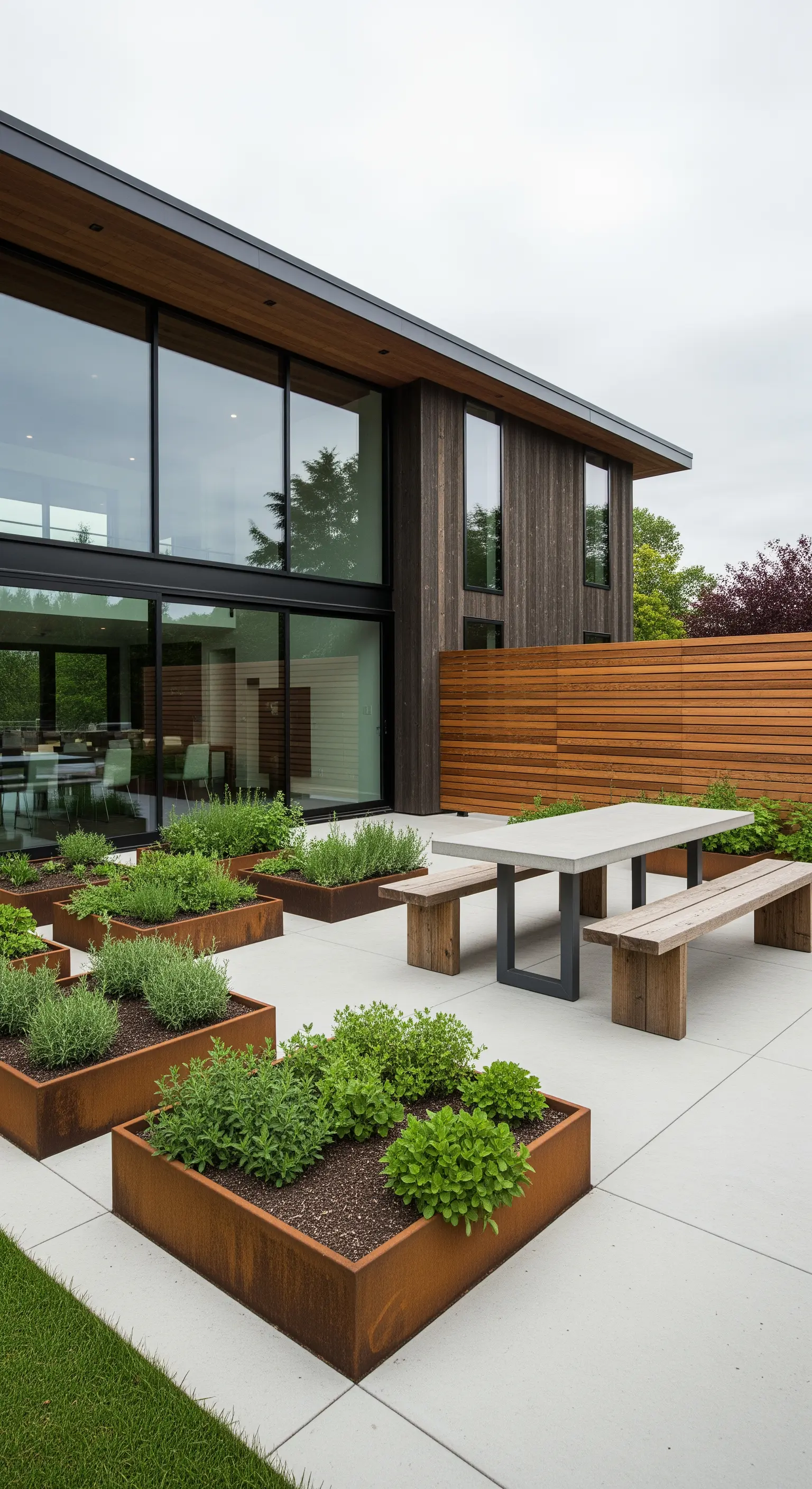 Orto in fioriere di acciaio Corten e tavolo in cemento in un patio moderno.