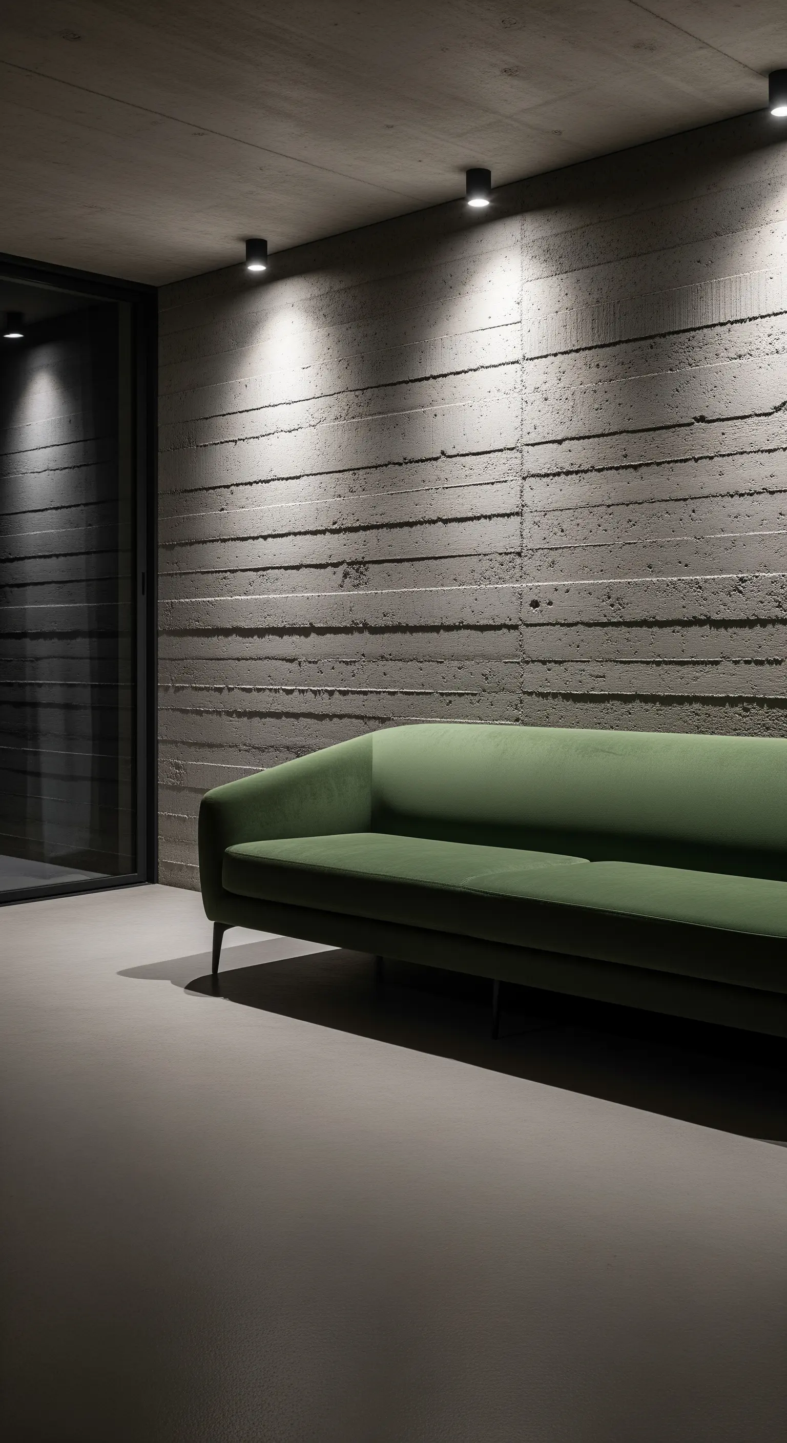 Divano in velluto verde oliva posizionato contro una parete in cemento grezzo illuminata da faretti.