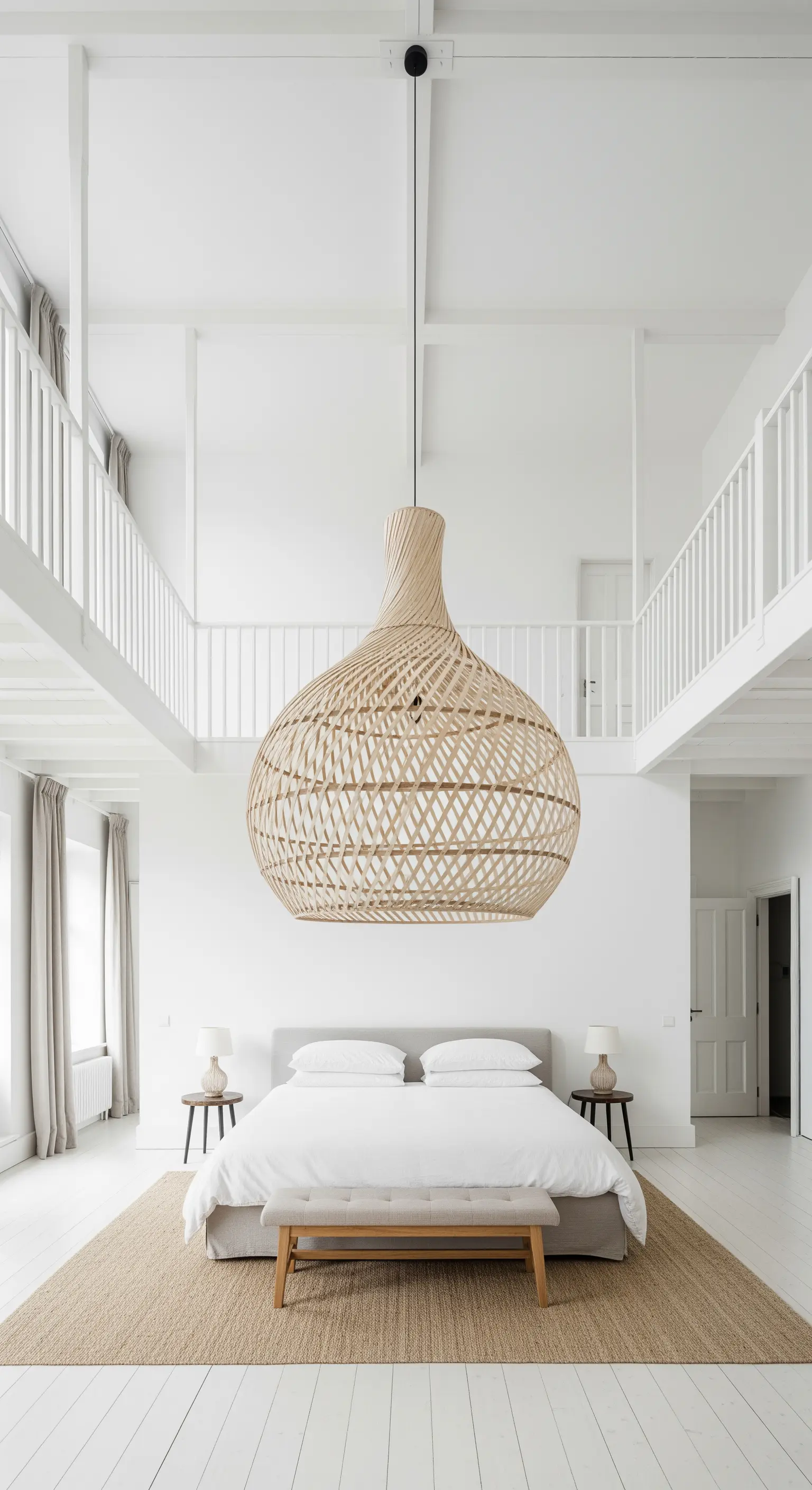 Lampadario oversize in rattan intrecciato in una camera da letto a doppia altezza.