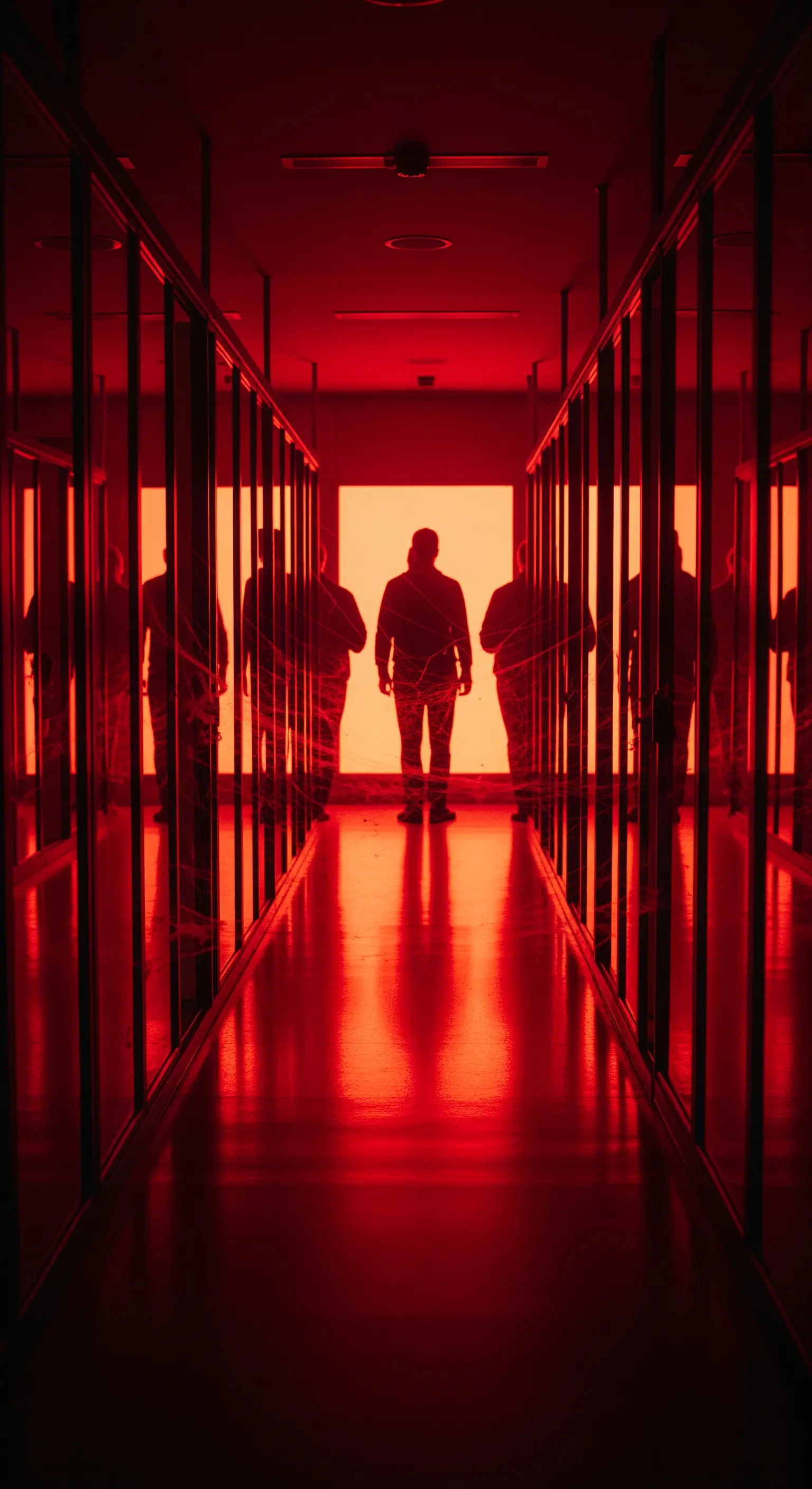 Corridoio di specchi con sagome umane davanti a una parete luminosa.