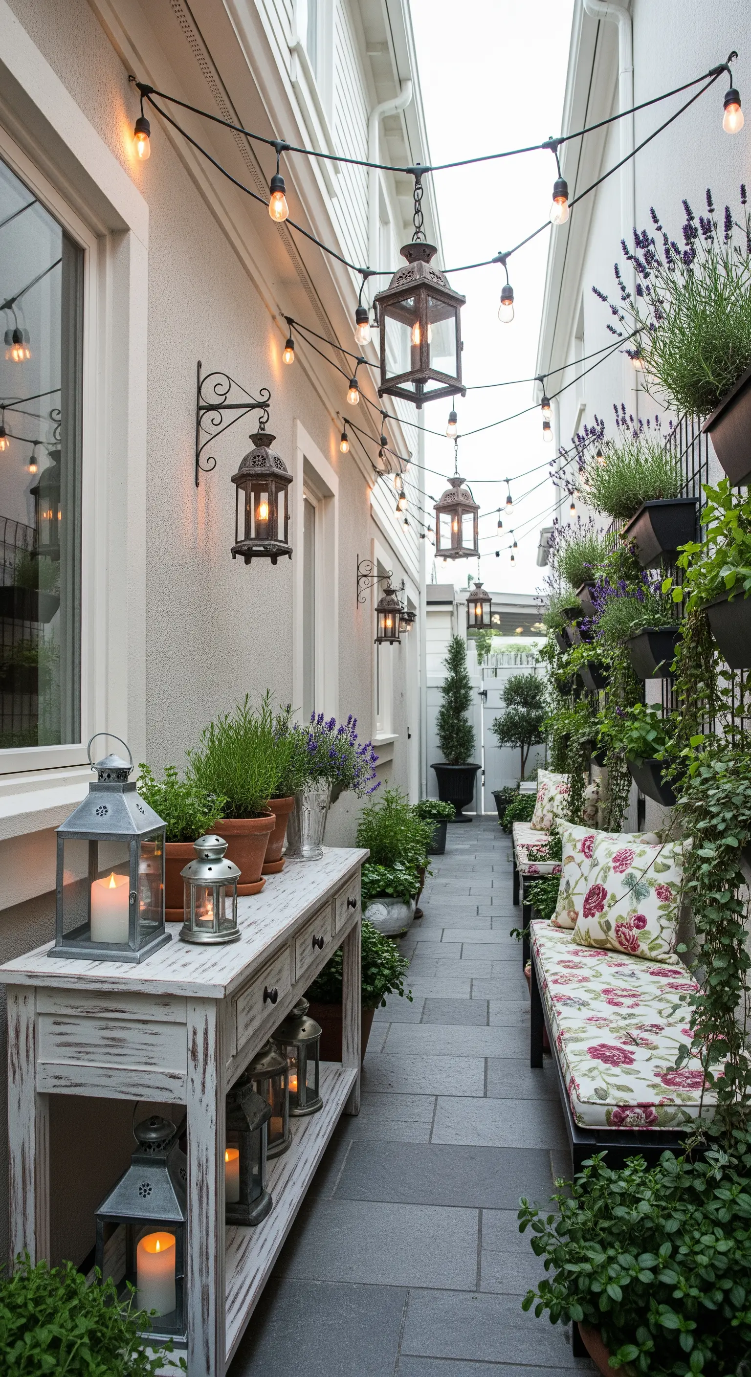 Stretto patio laterale con consolle decapé, panca fiorita e un tripudio di lanterne.