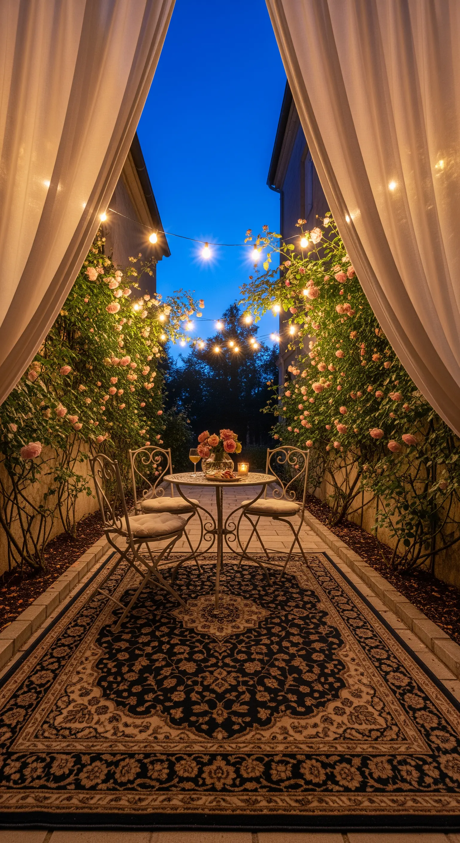 Patio stretto con tavolo bistrot, tappeto persiano, rose rampicanti e fili di luci calde.