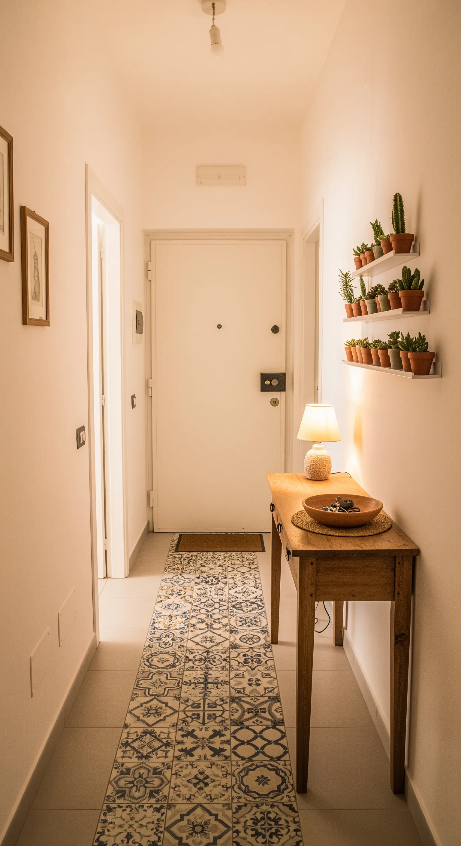 Corridoio d'ingresso con runner a motivi maiolica e consolle in legno.