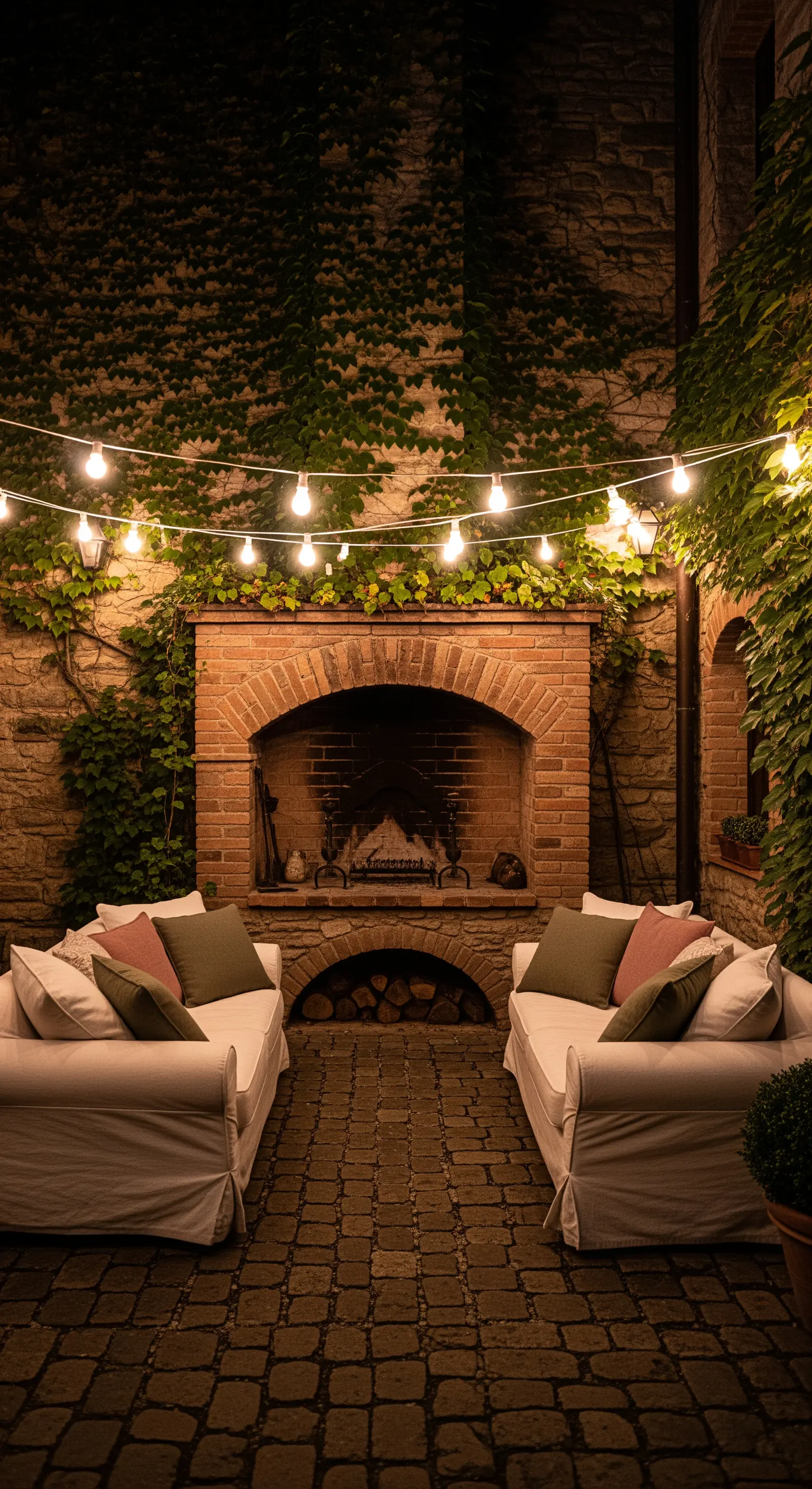 Cortile rustico con camino in mattoni, pareti di edera e due divani bianchi contrapposti.