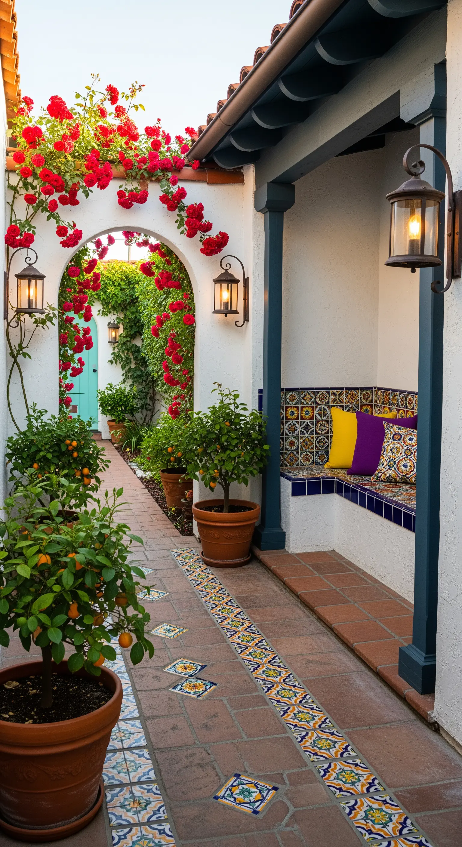 Cortile in stile spagnolo con arco di rose rosse, pavimento in cotto e piastrelle decorate.