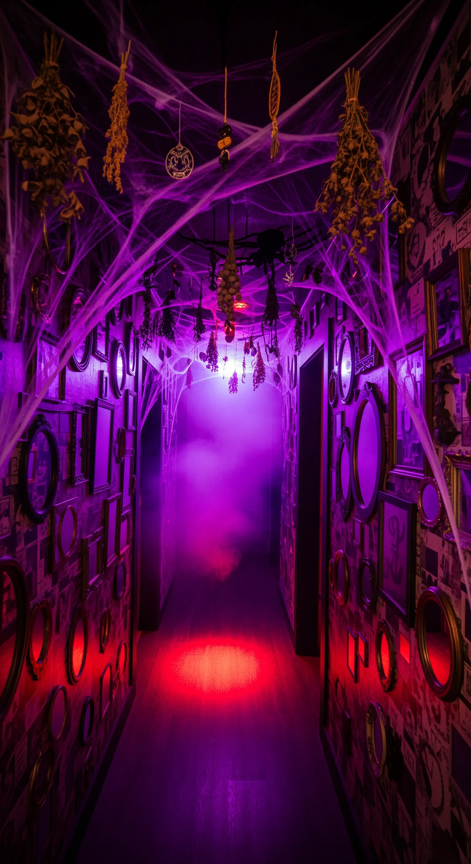 Corridoio viola e rosso con specchi, erbe secche e fumo.