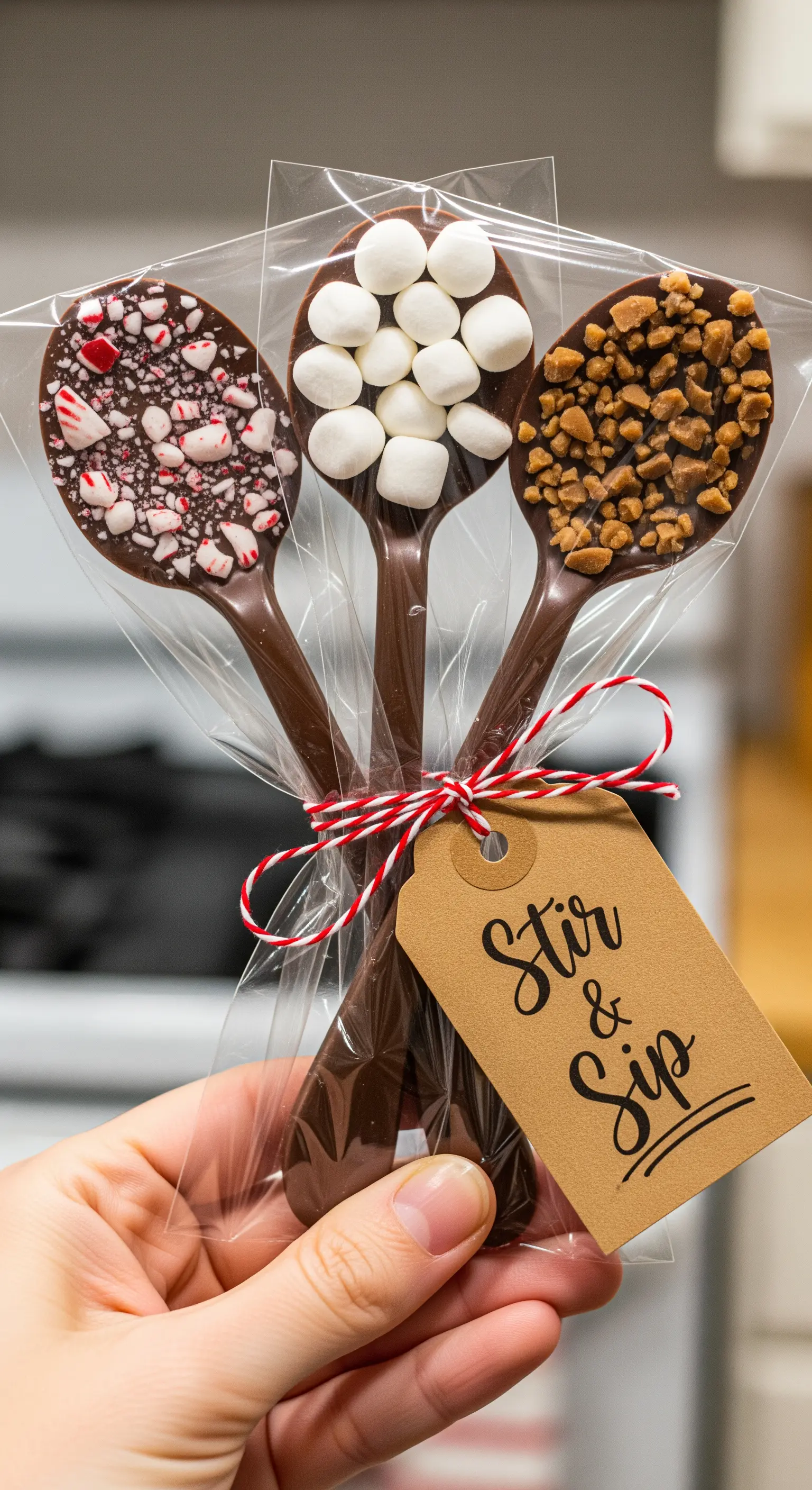 Tre cucchiaini di cioccolato per cioccolata calda, decorati con menta, marshmallow e caramello.