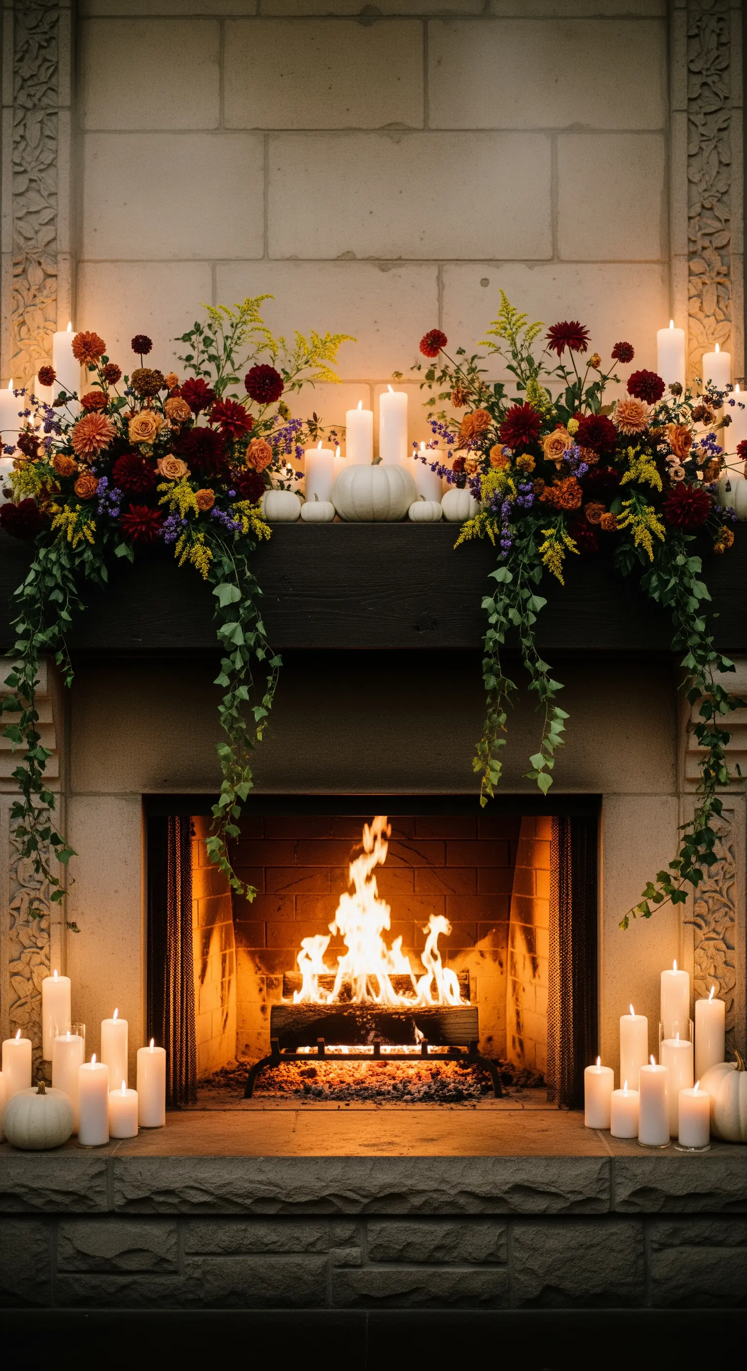 Camino acceso decorato con ghirlande di fiori autunnali e circondato da numerose candele.
