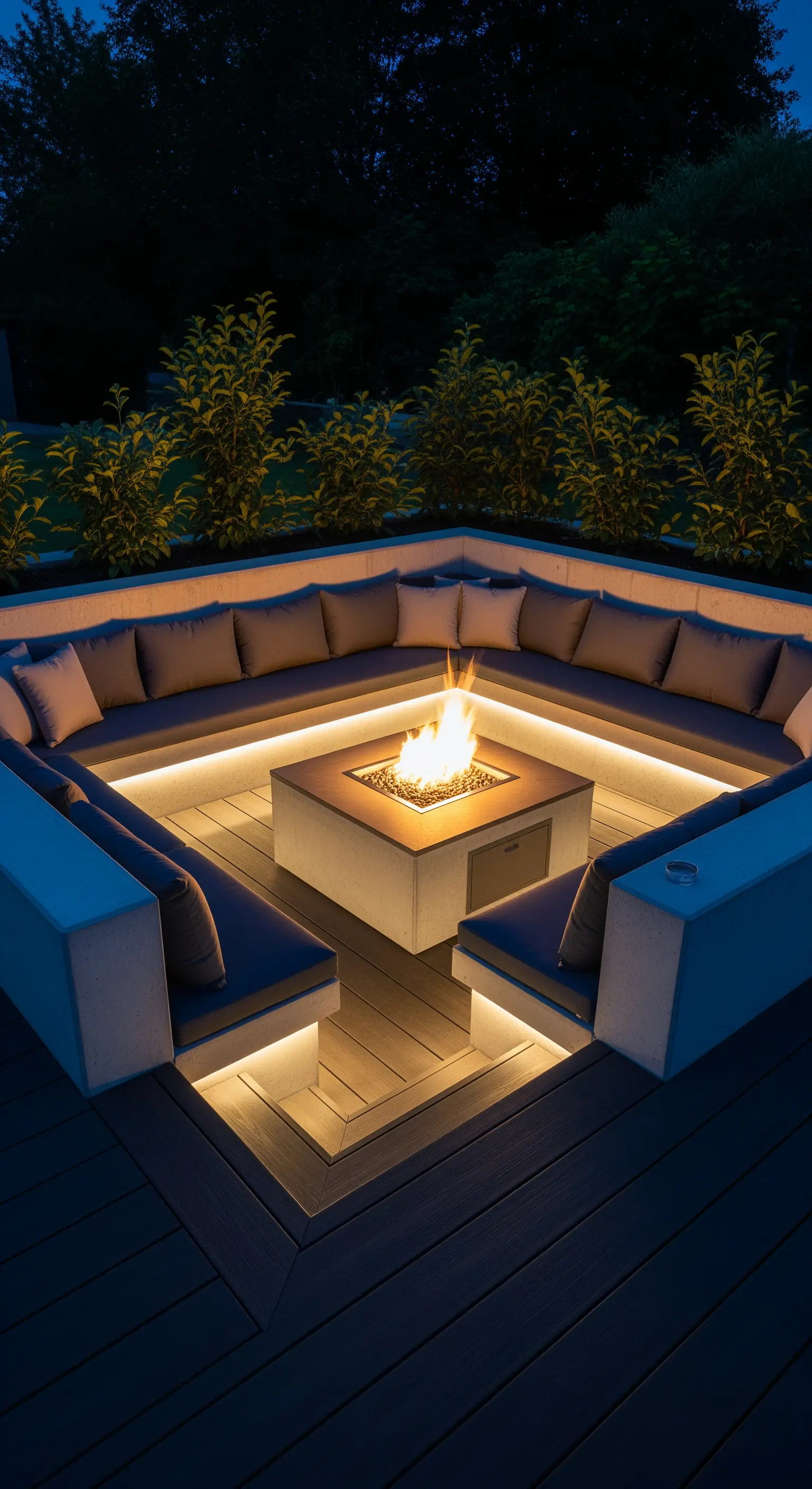 Area conversazione ribassata con sedute a U, braciere centrale e strisce LED.