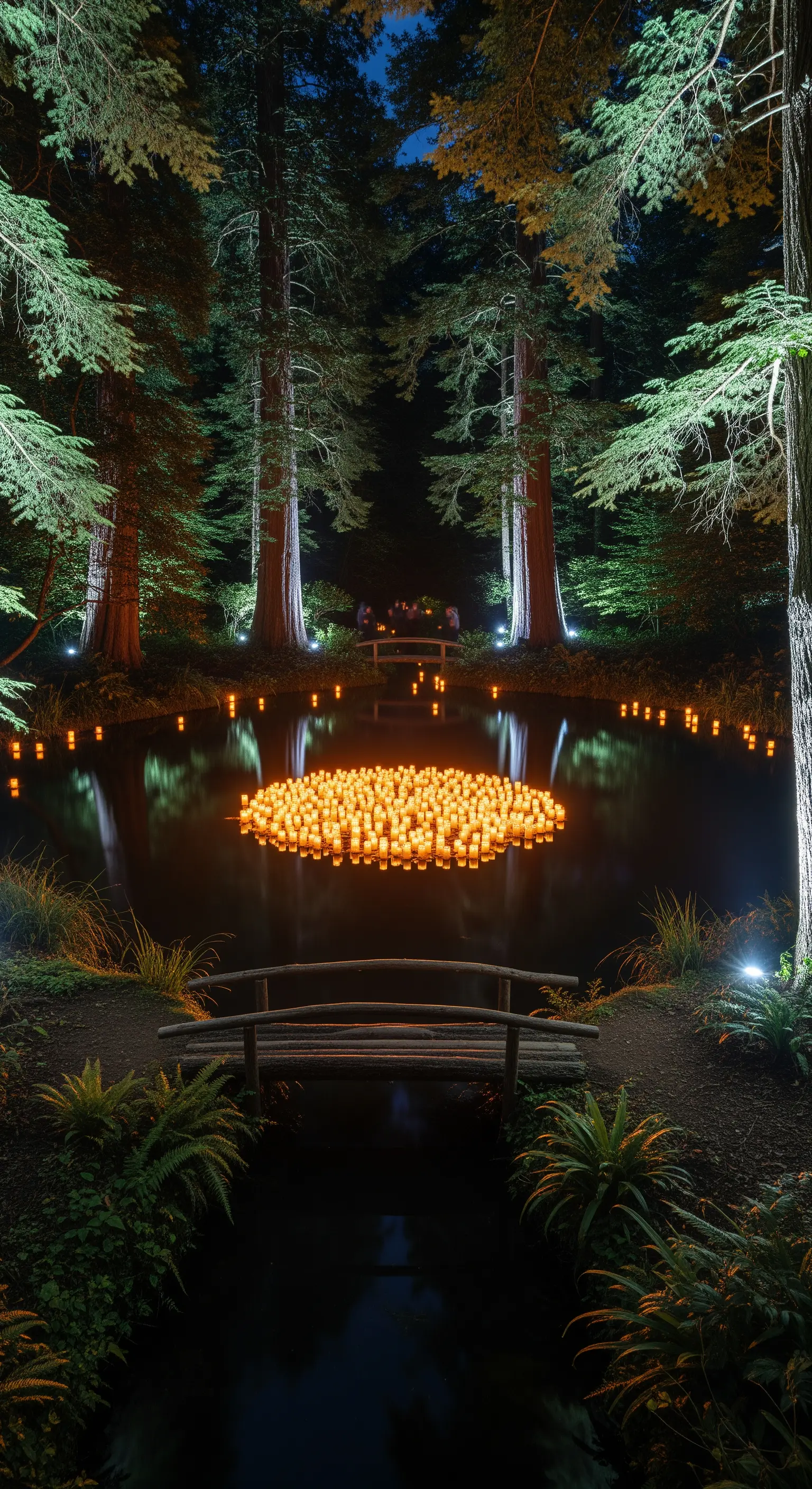 Laghetto nel bosco con una grande isola di candele galleggianti e alberi illuminati.