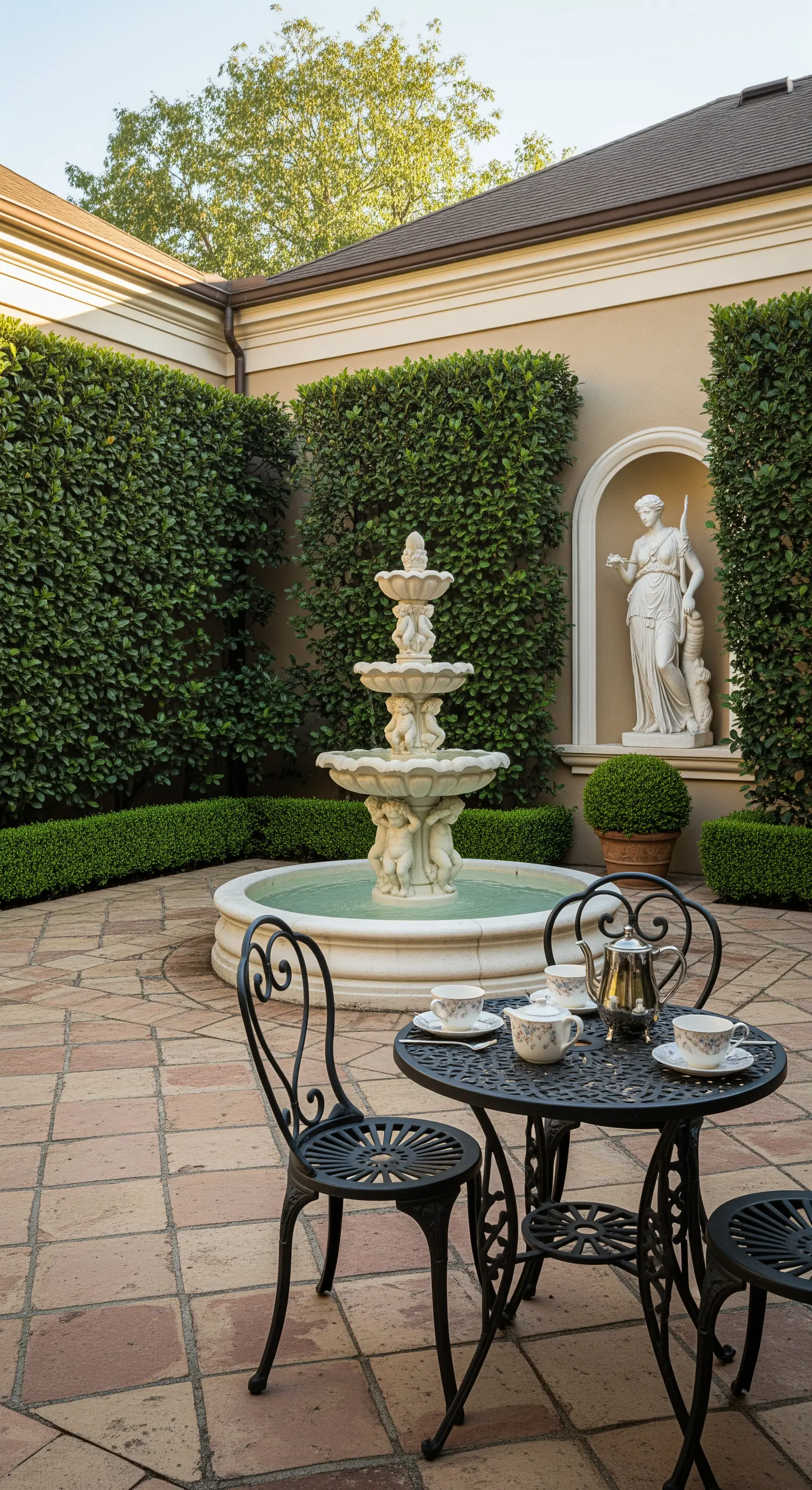 Patio classico con fontana a tre livelli, tavolo in ferro battuto e siepi alte.