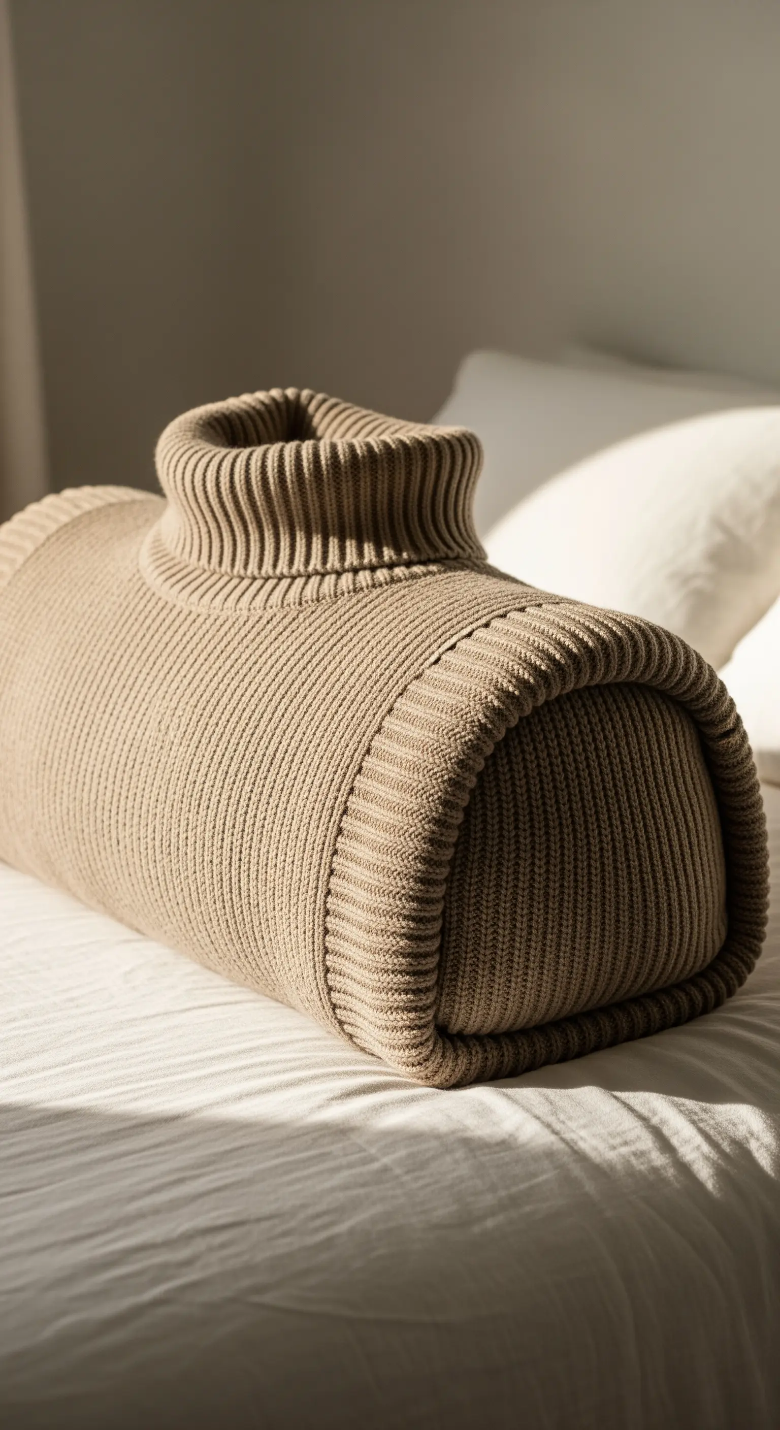 Cuscino a cilindro color cammello con il collo a lupetto originale del maglione.