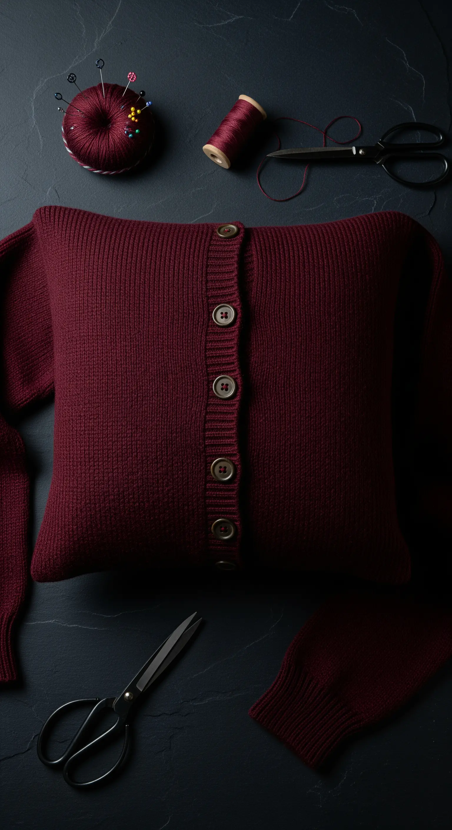 Cuscino bordeaux ricavato da un cardigan, con la fila di bottoni al centro.