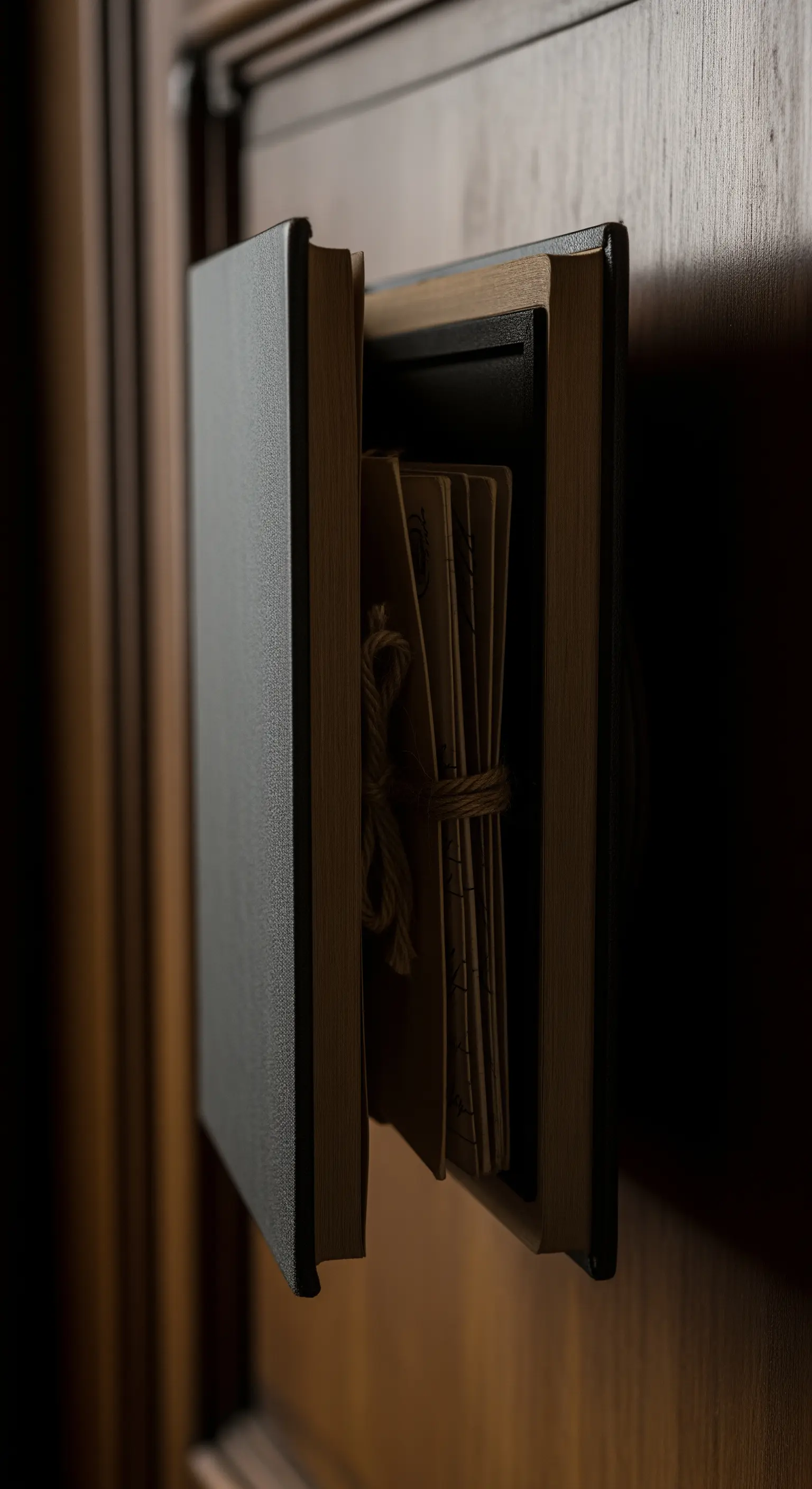 Libro-cassaforte appeso a una parete di legno che contiene un fascio di lettere antiche legate.