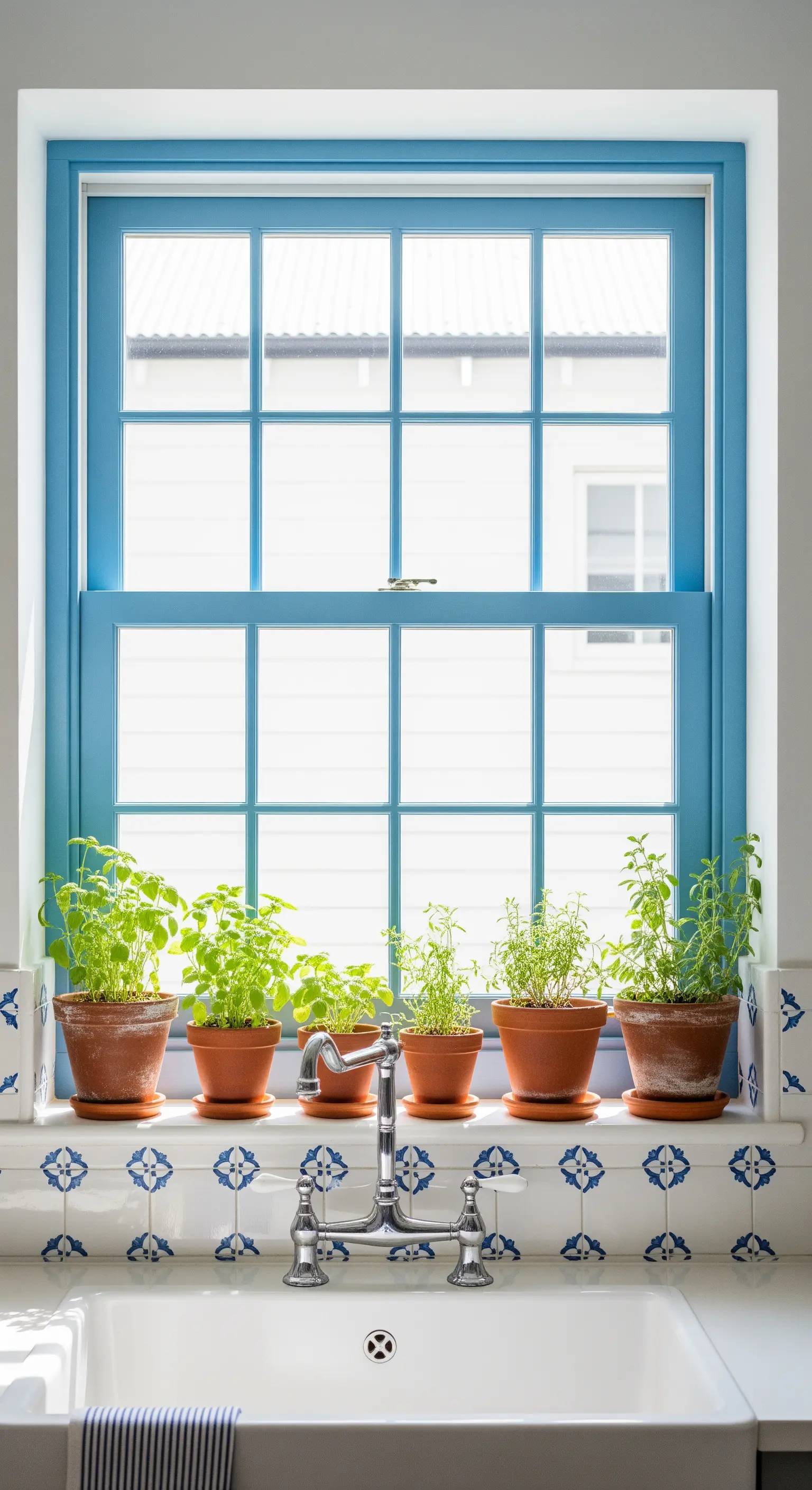 Davanzale piastrellato con erbe aromatiche in vasi di cotto davanti a una finestra azzurra.