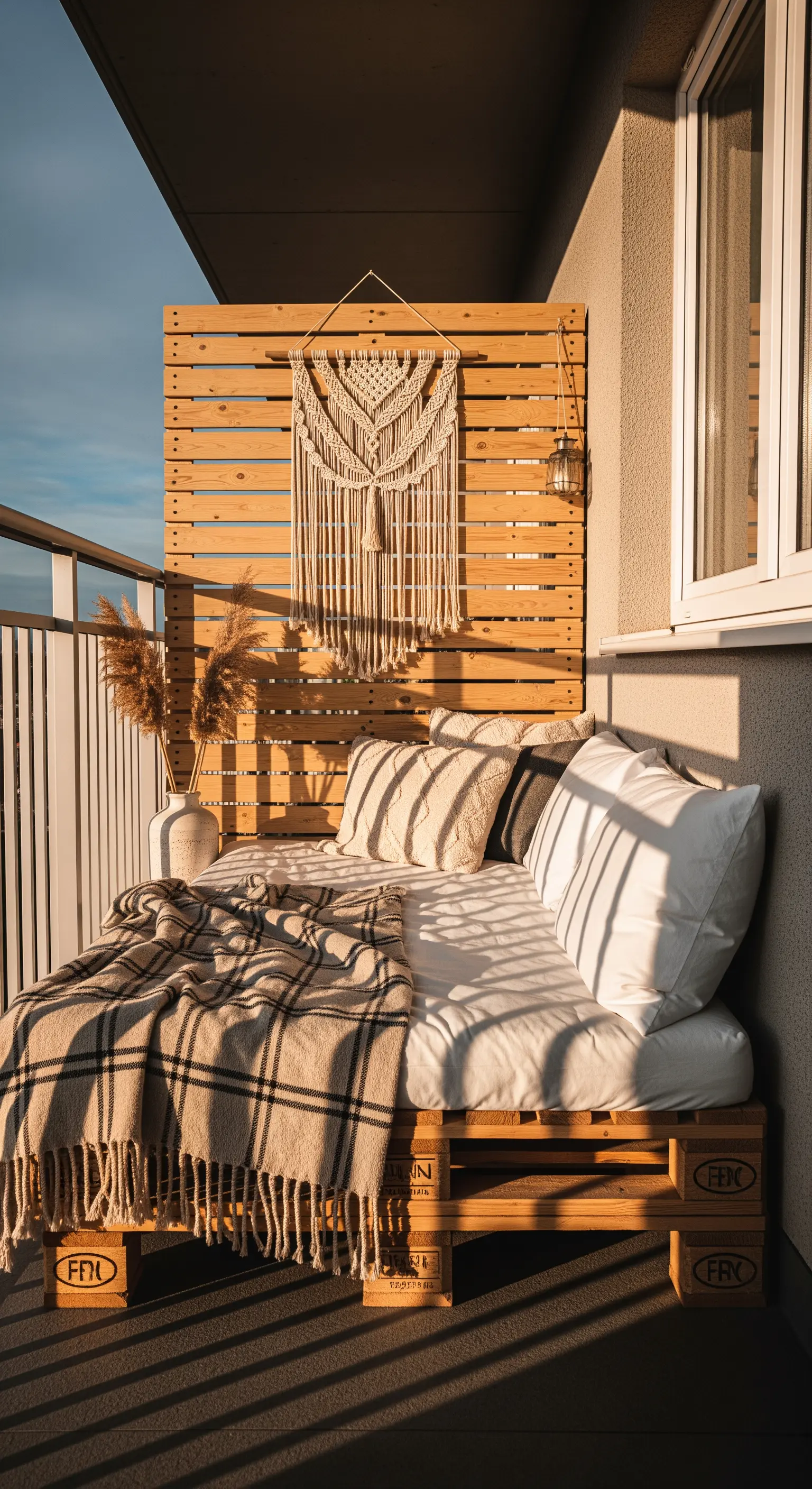 Daybed su un balcone realizzato con pallet, cuscini a righe e una decorazione in macramè.
