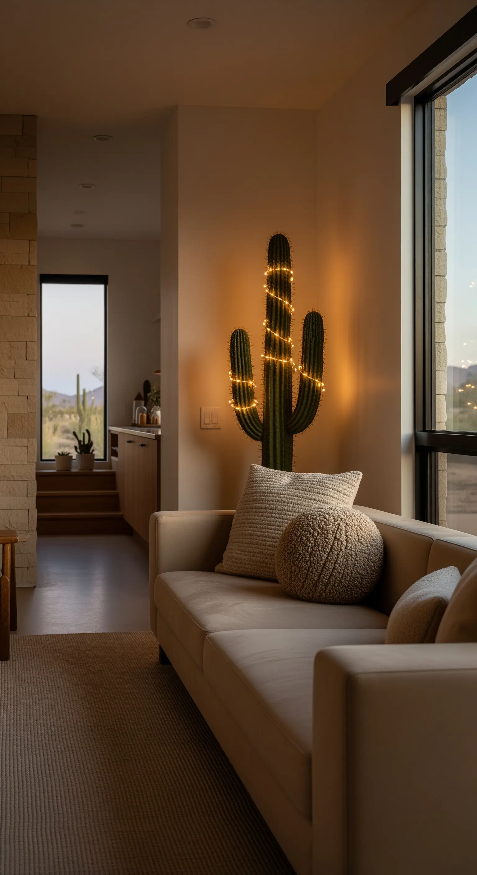 Grande cactus in un angolo di un salotto moderno, decorato con una stringa di luci calde.