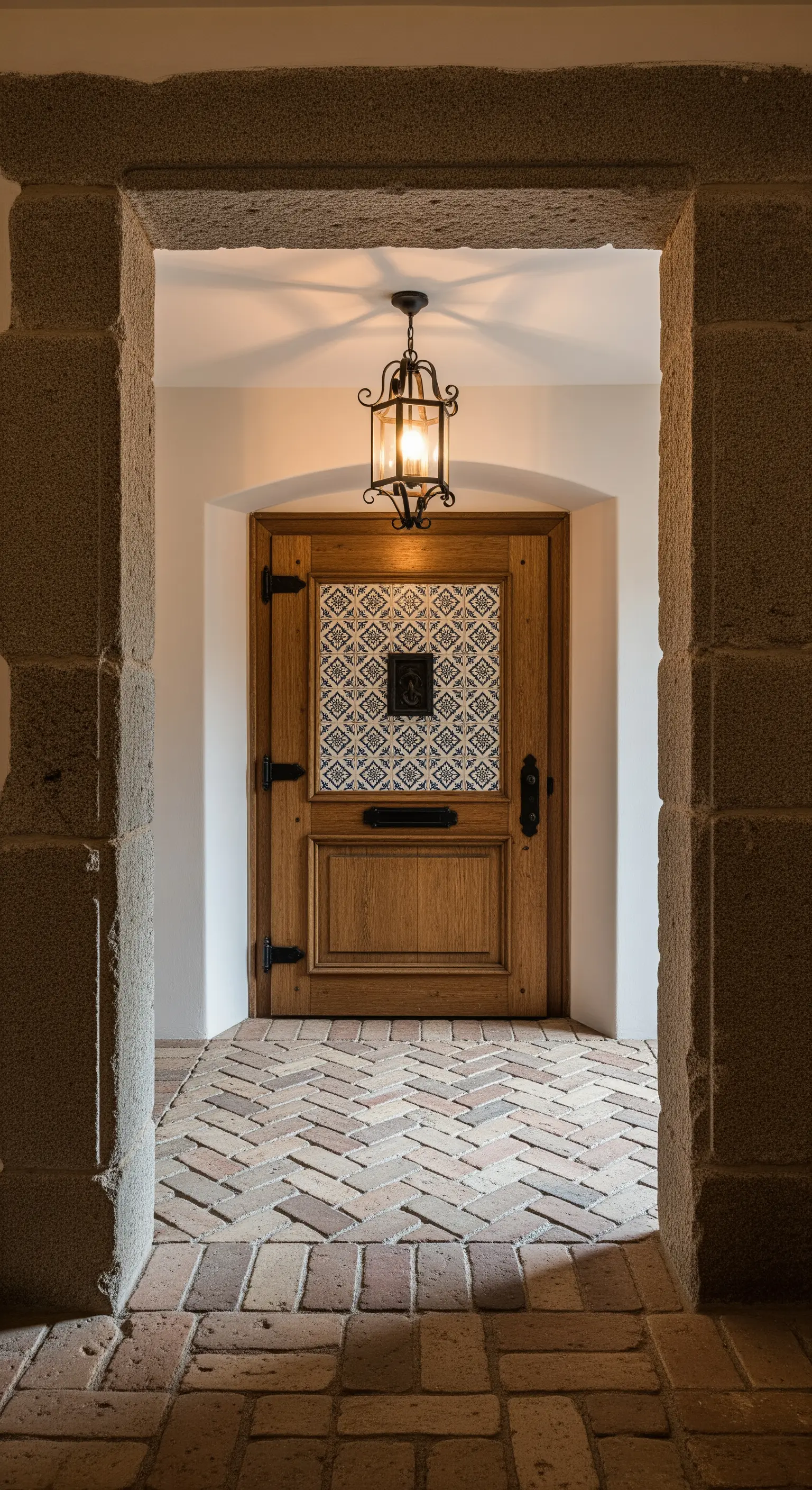 Porta in legno con un inserto di maioliche decorate, vista da un portico in pietra.