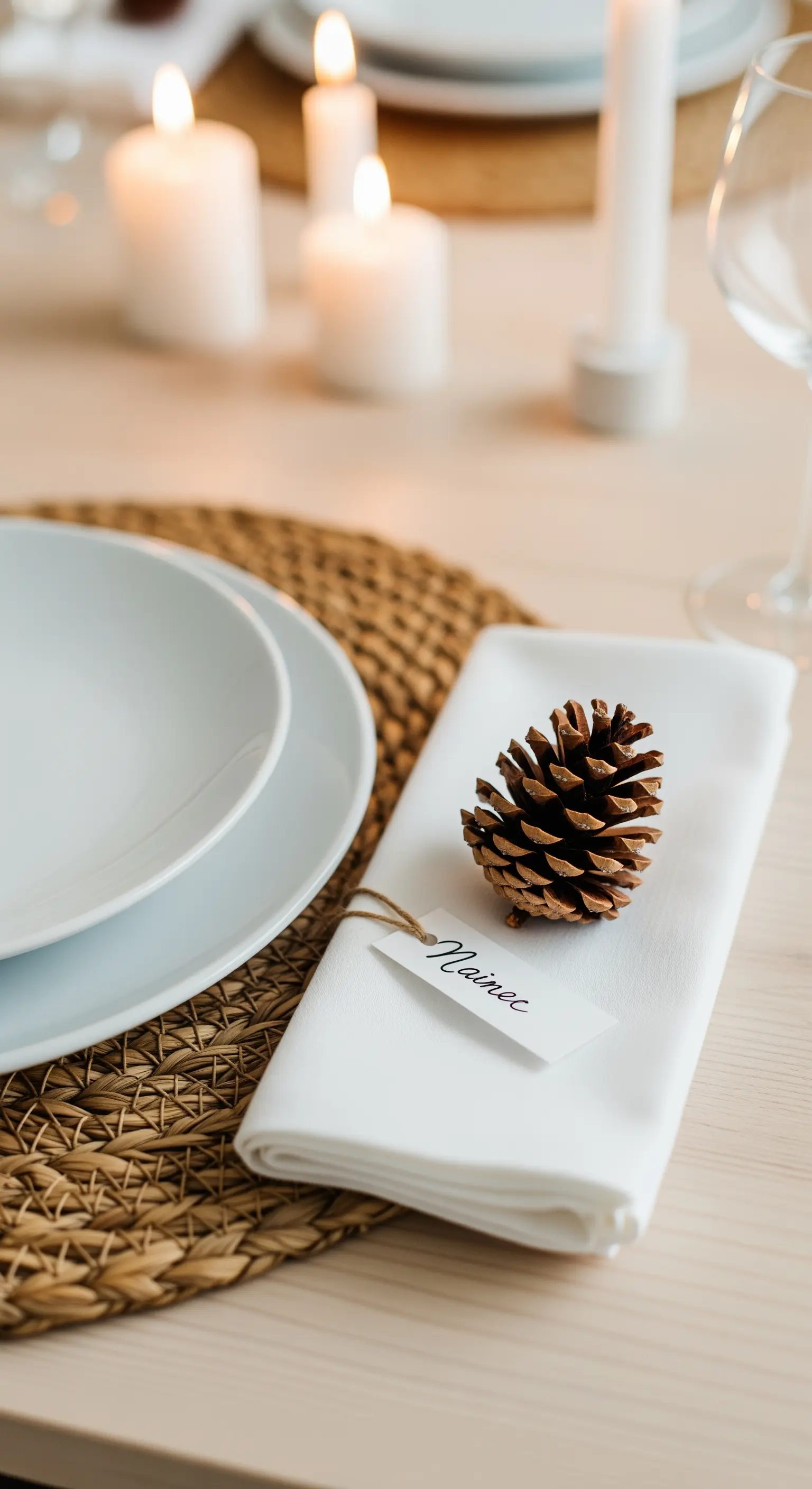 Segnaposto natalizio con una pigna e un'etichetta con nome, legato a un tovagliolo.