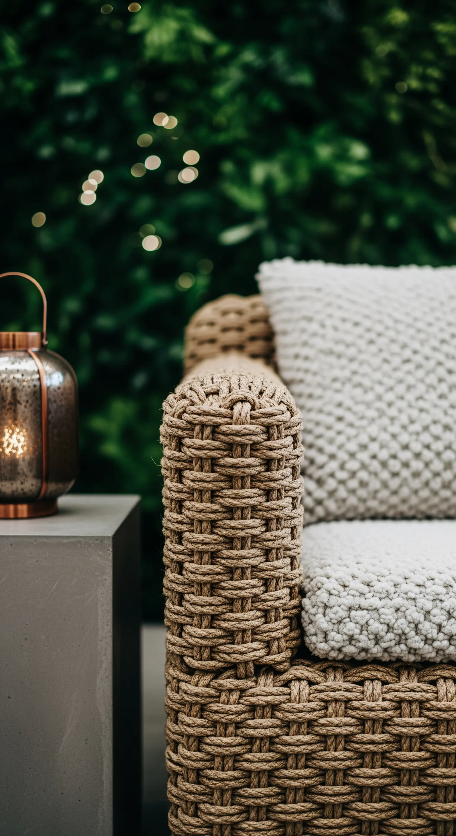 Dettaglio del bracciolo di un divano da esterno in corda nautica intrecciata color naturale.