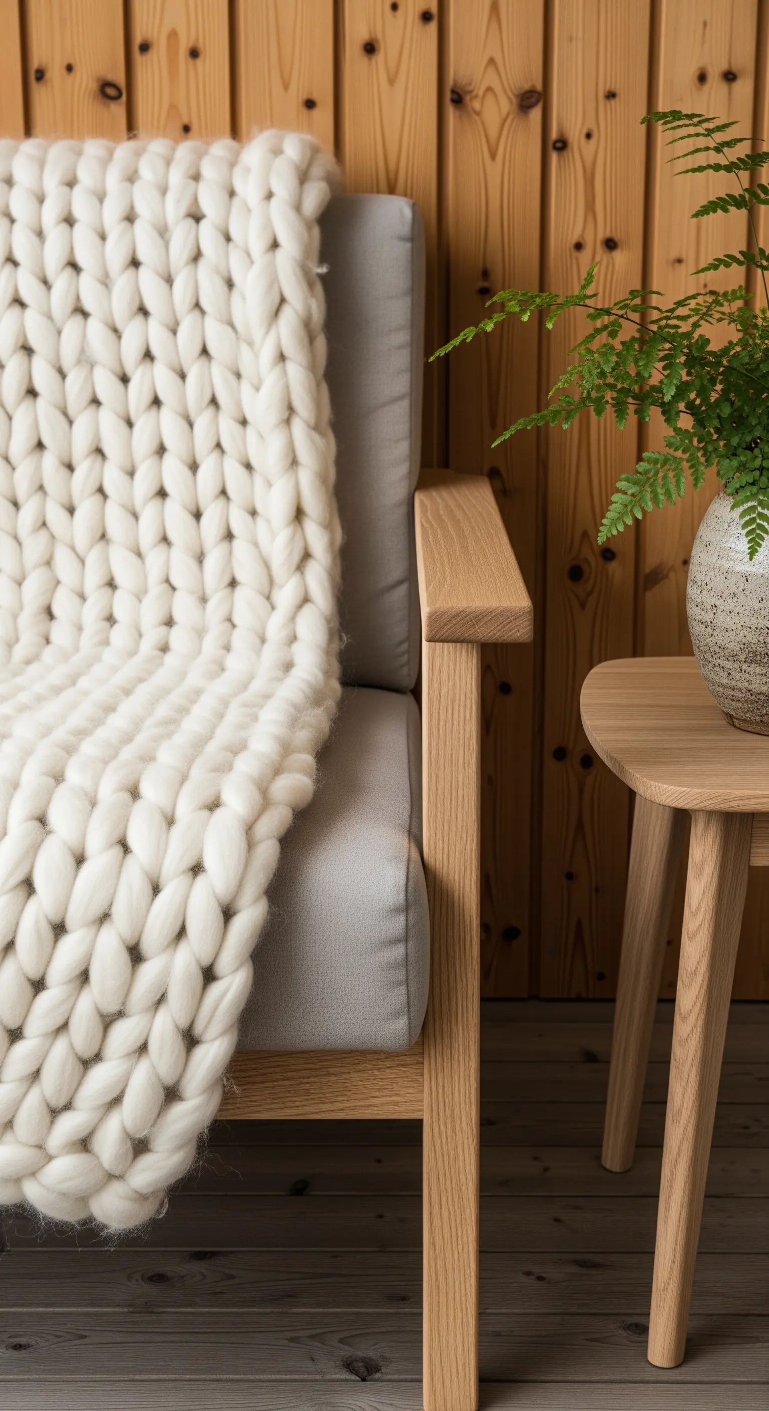 Primo piano di una poltrona in legno con un plaid avvolgente in lana a maglia gigante color panna