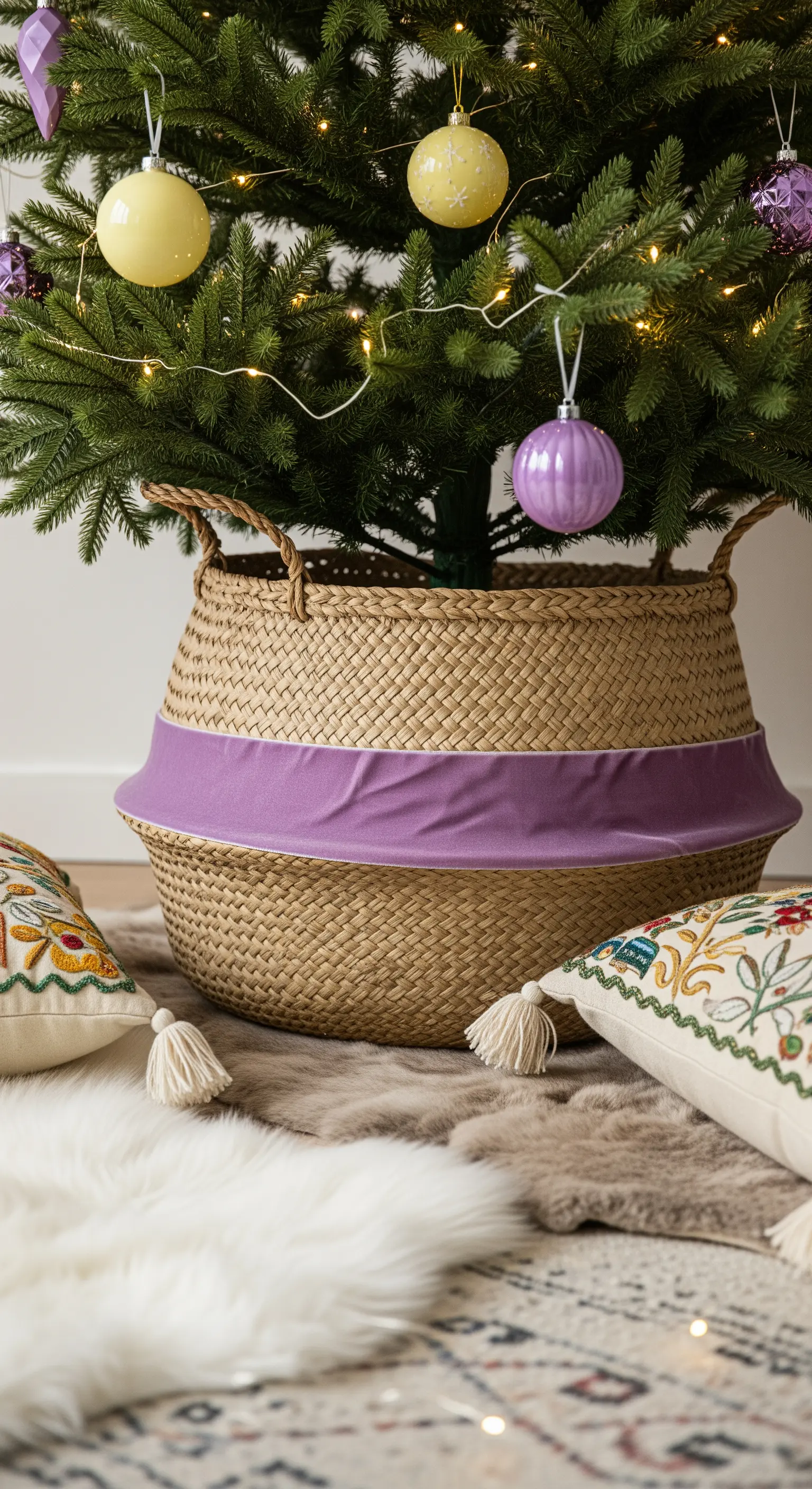 Dettaglio di un cesto di paglia alla base dell'albero, con una fascia di tessuto lilla