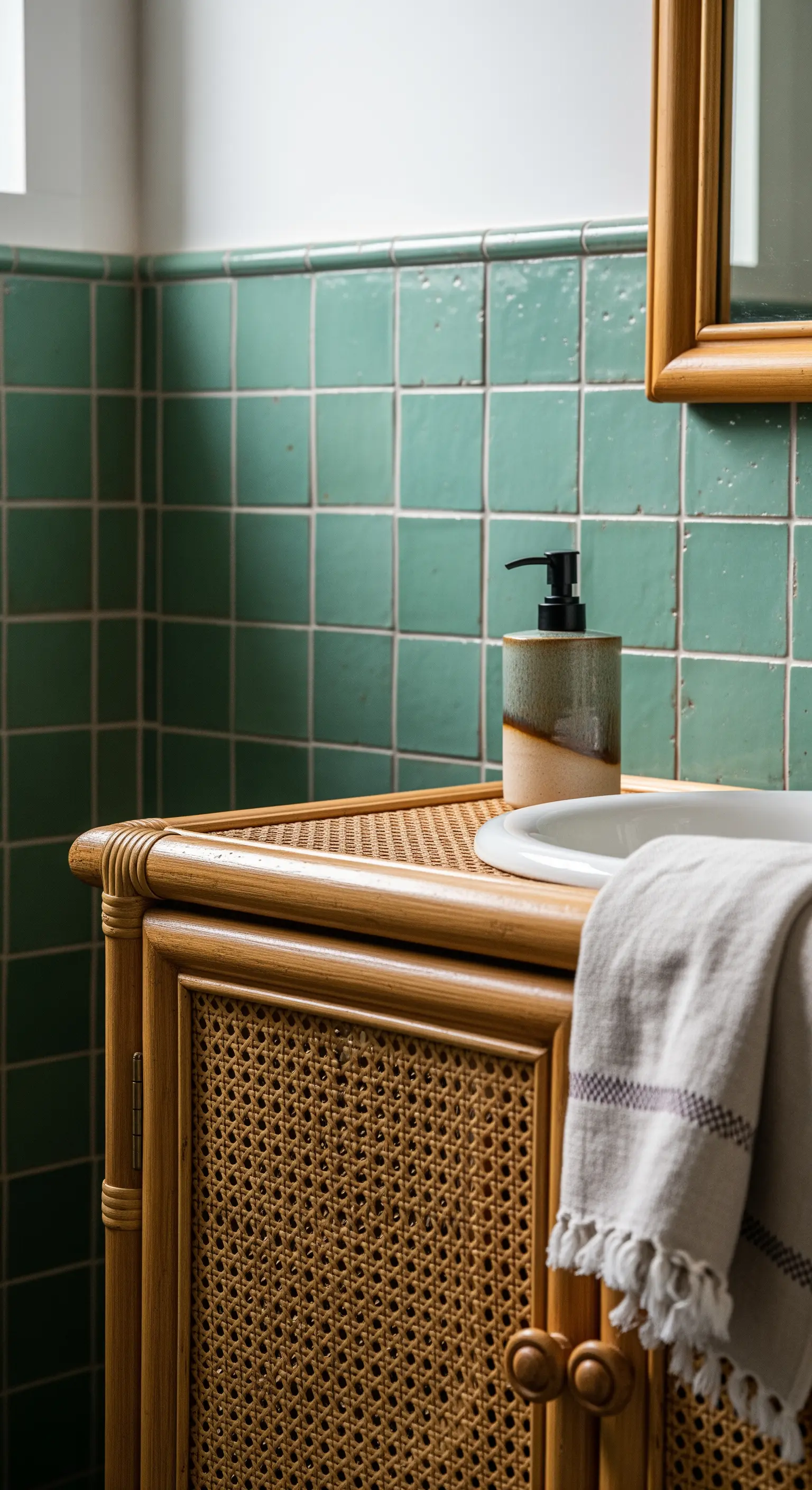 Dettaglio di un mobile lavabo in rattan con angoli arrotondati e piastrelle verdi.
