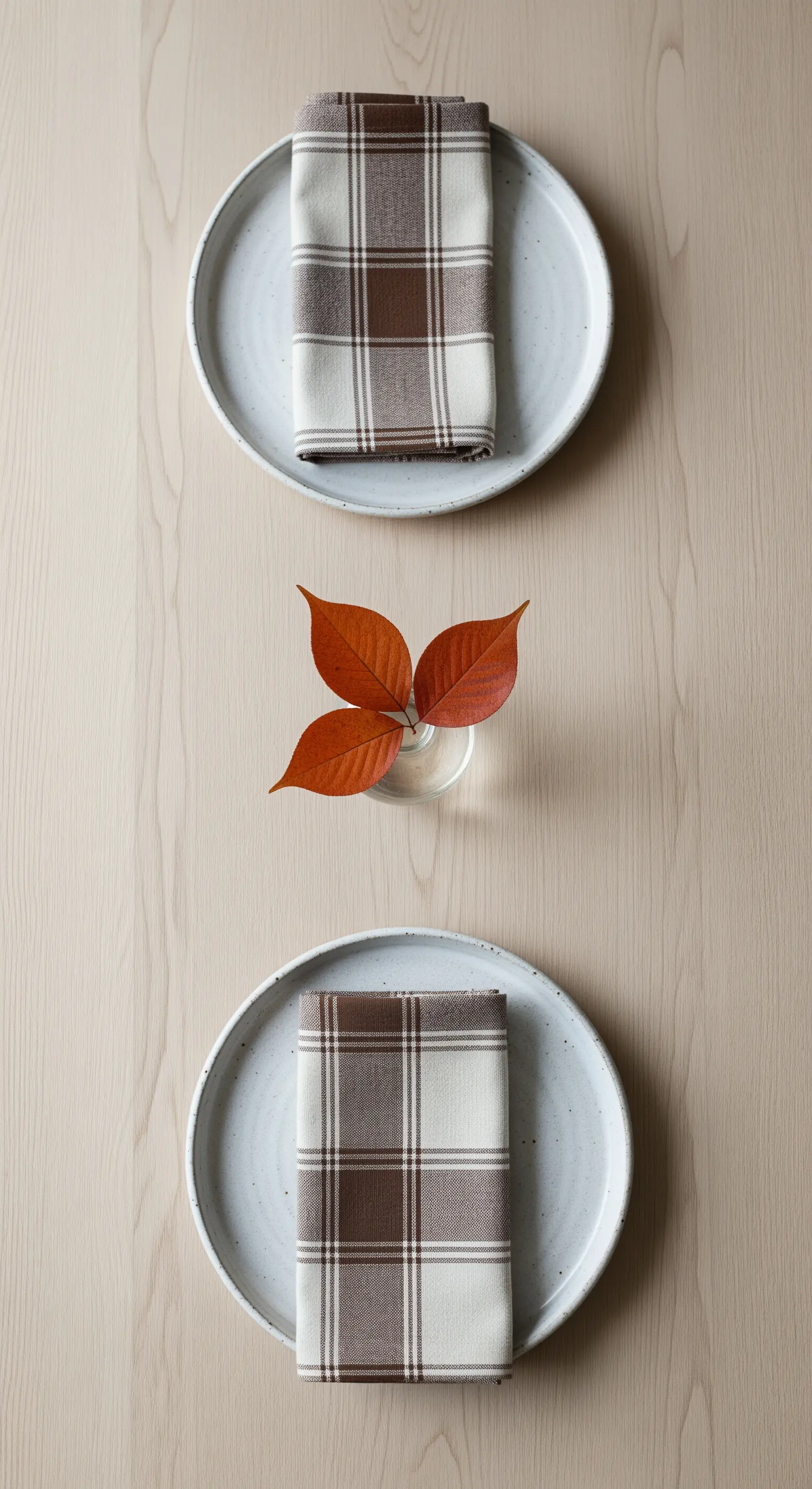 Composizione minimalista con piatti chiari, tovaglioli a quadri marroni e un piccolo vaso con foglie rosse.