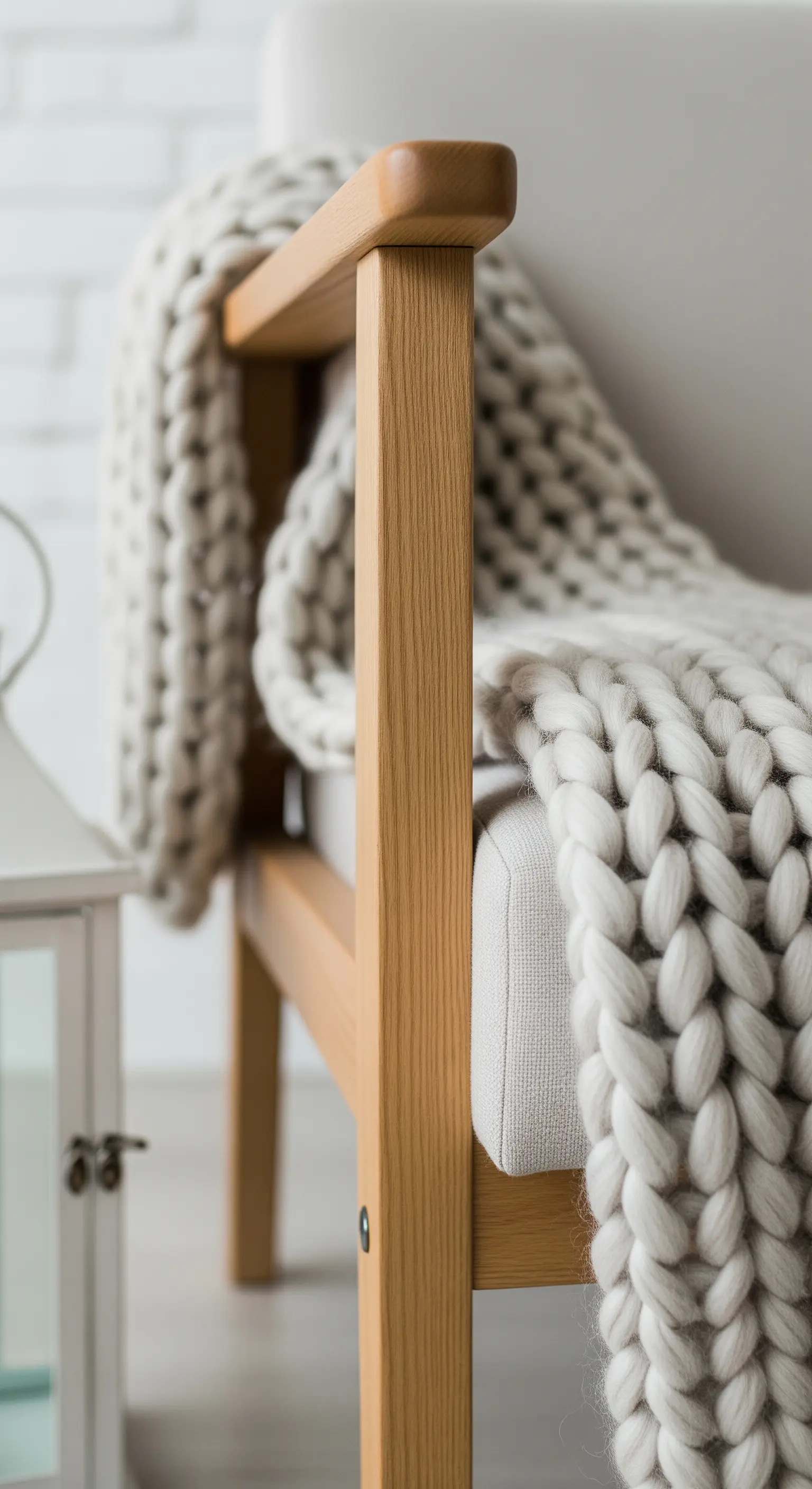 Dettaglio di un plaid in lana a maglia grossa appoggiato su una poltrona in legno.