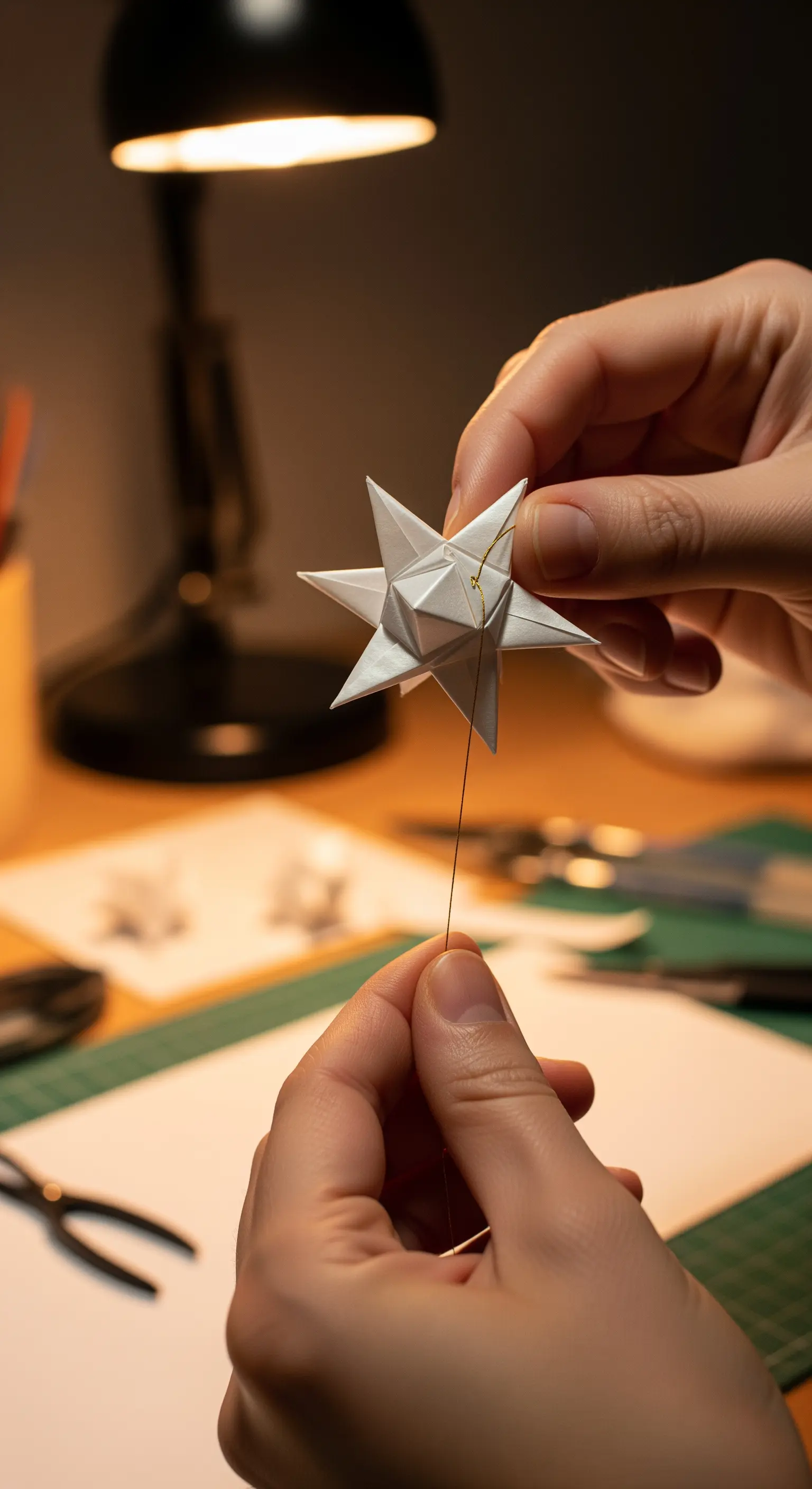 Mani che infilano un sottile filo dorato in una piccola stella di carta bianca