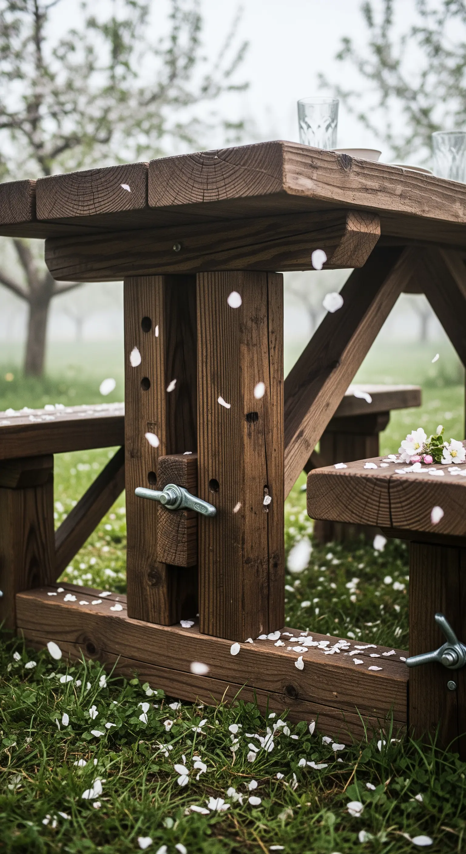 Dettaglio di un tavolo da picnic in legno massiccio con un meccanismo a morsa in metallo.