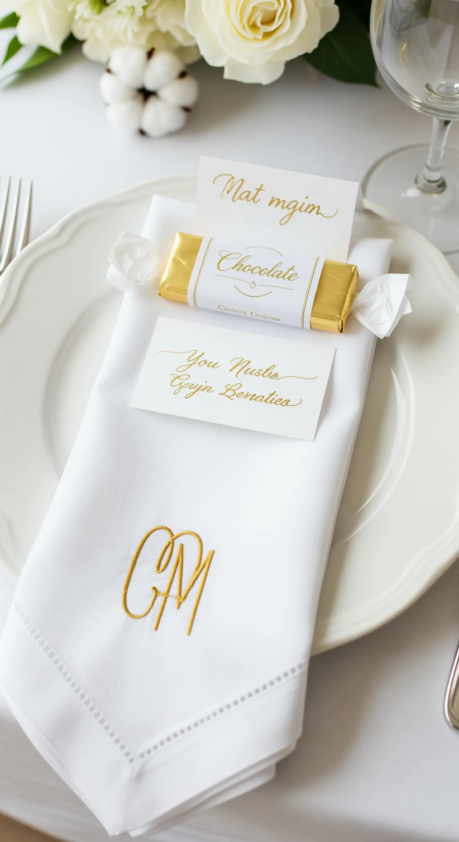 Tovagliolo bianco con iniziali ricamate in oro e un cioccolatino come segnaposto.