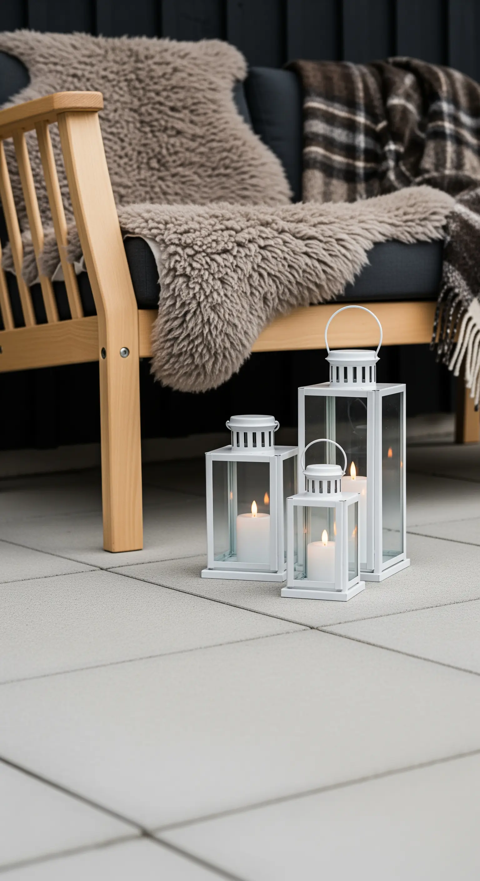 Trio di lanterne bianche a candela su pavimento grigio, accanto a una poltrona con pelle di pecora.