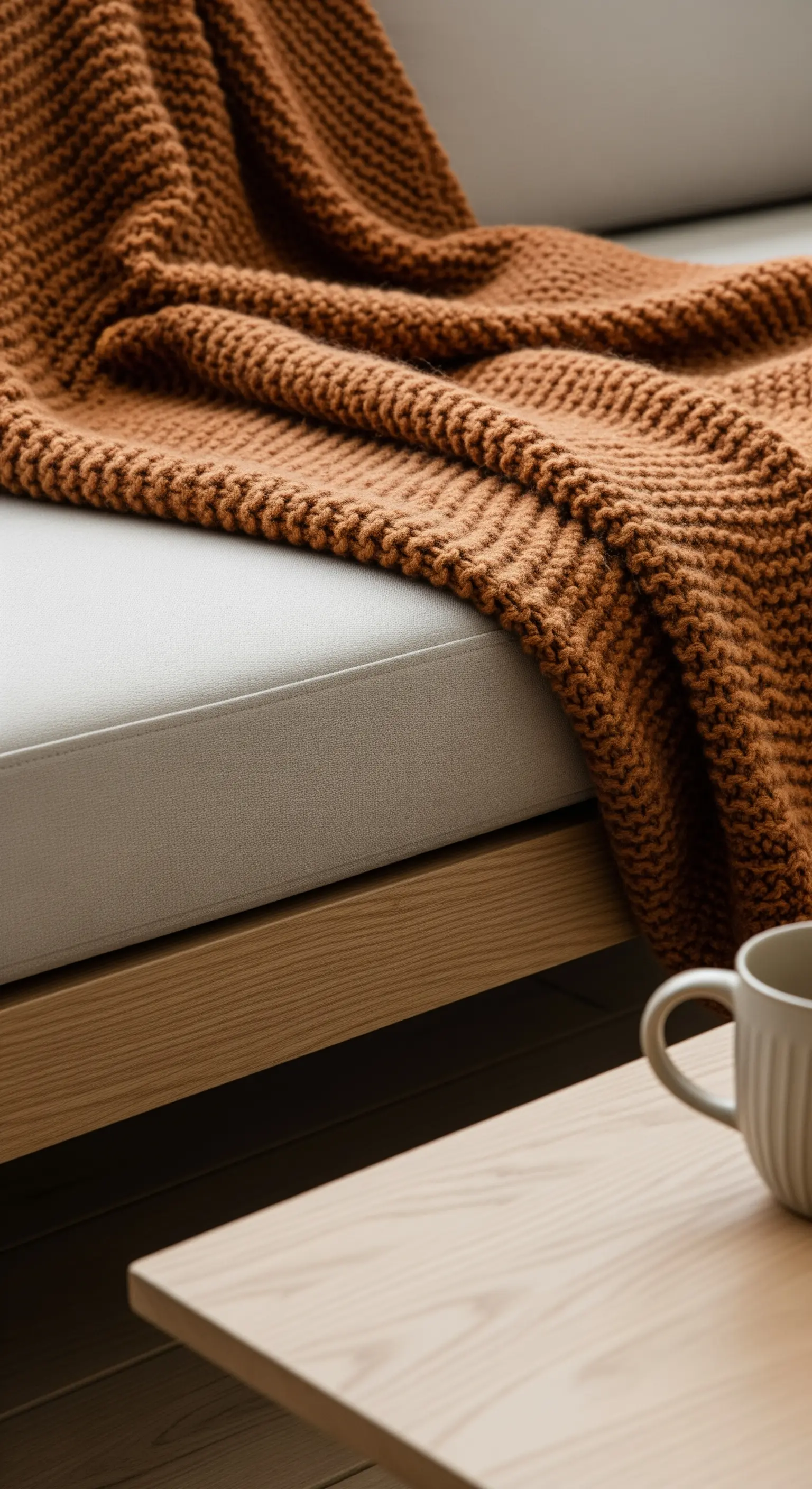 Dettaglio di una coperta in maglia spessa color terracotta appoggiata su un divano da esterno.