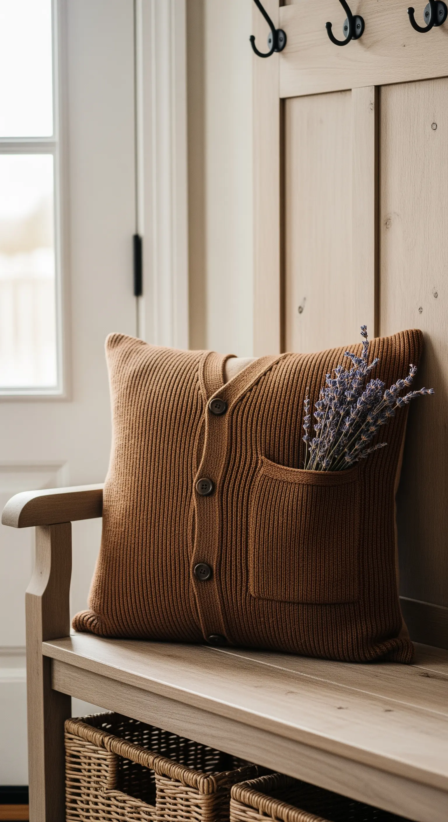 Cuscino marrone ricavato da un cardigan, con un mazzetto di lavanda nella tasca.