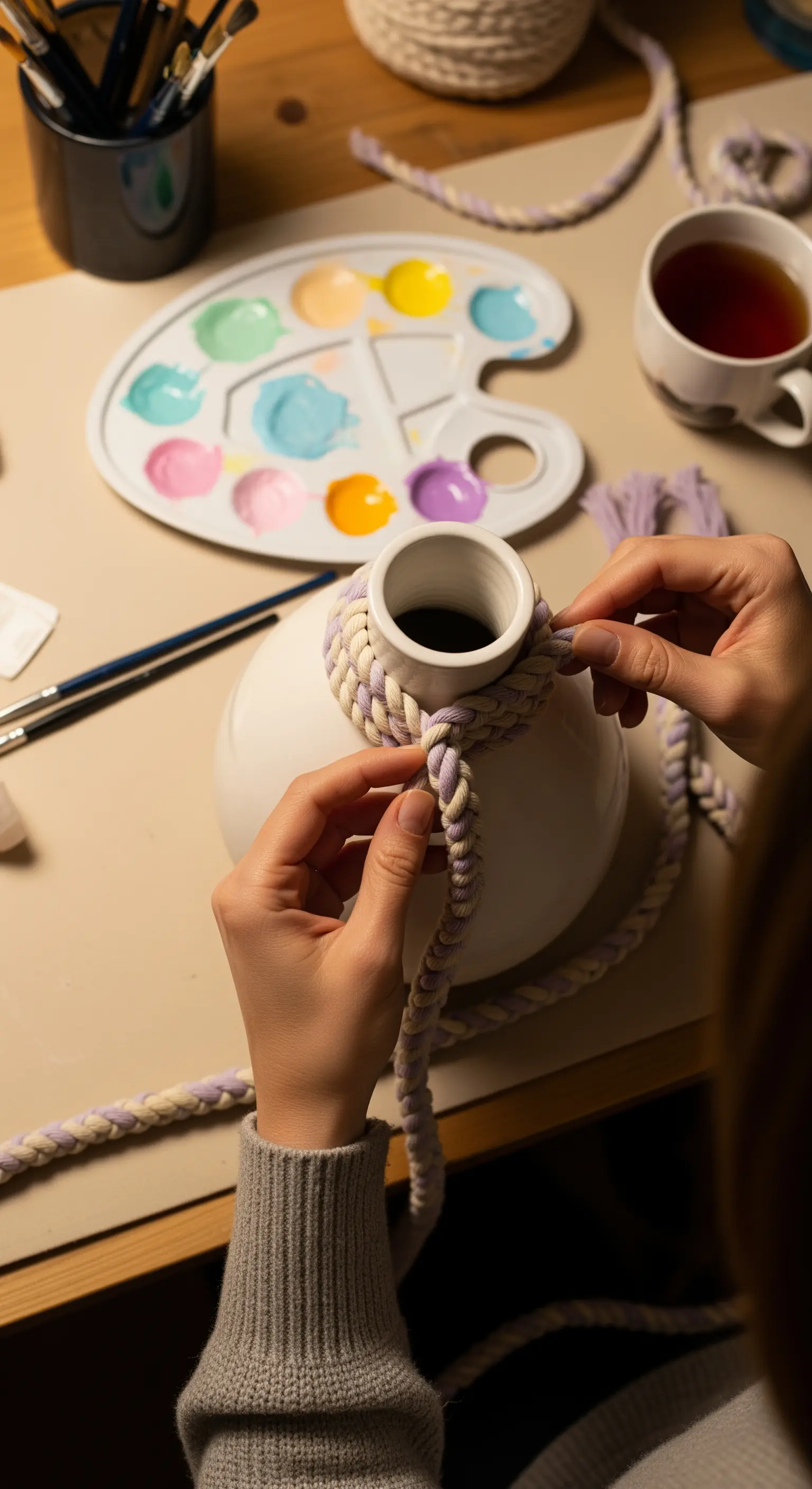 Mani che avvolgono una treccia di corda bicolore attorno al collo di un vaso bianco.