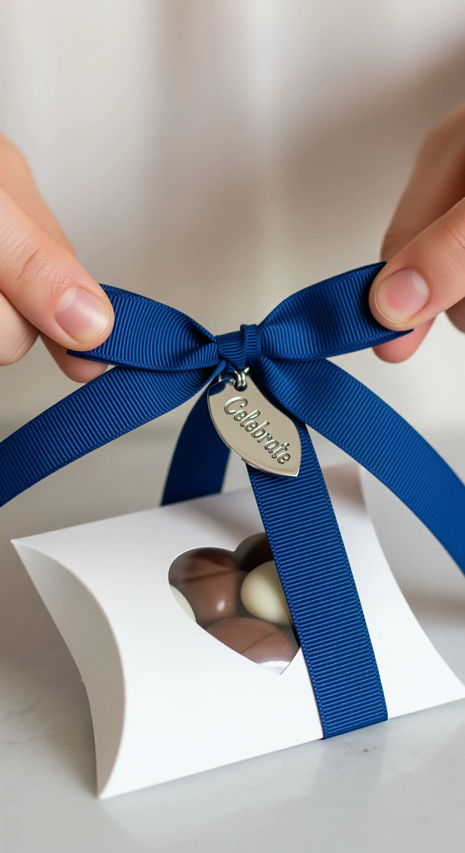 Scatola a cuscino bianca con un fiocco blu e un ciondolo metallico a forma di foglia.