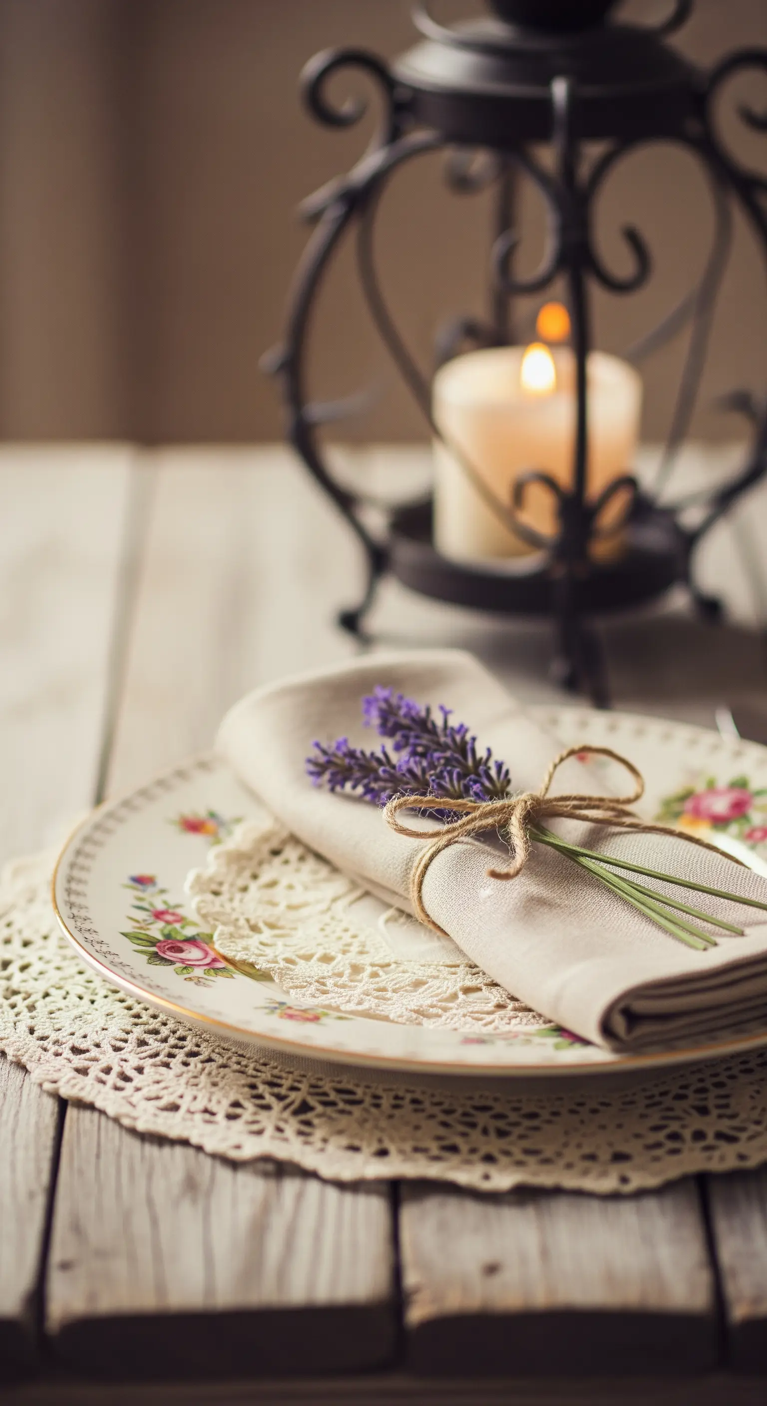 Piatto floreale con tovagliolo di lino e rametti di lavanda legati con lo spago.