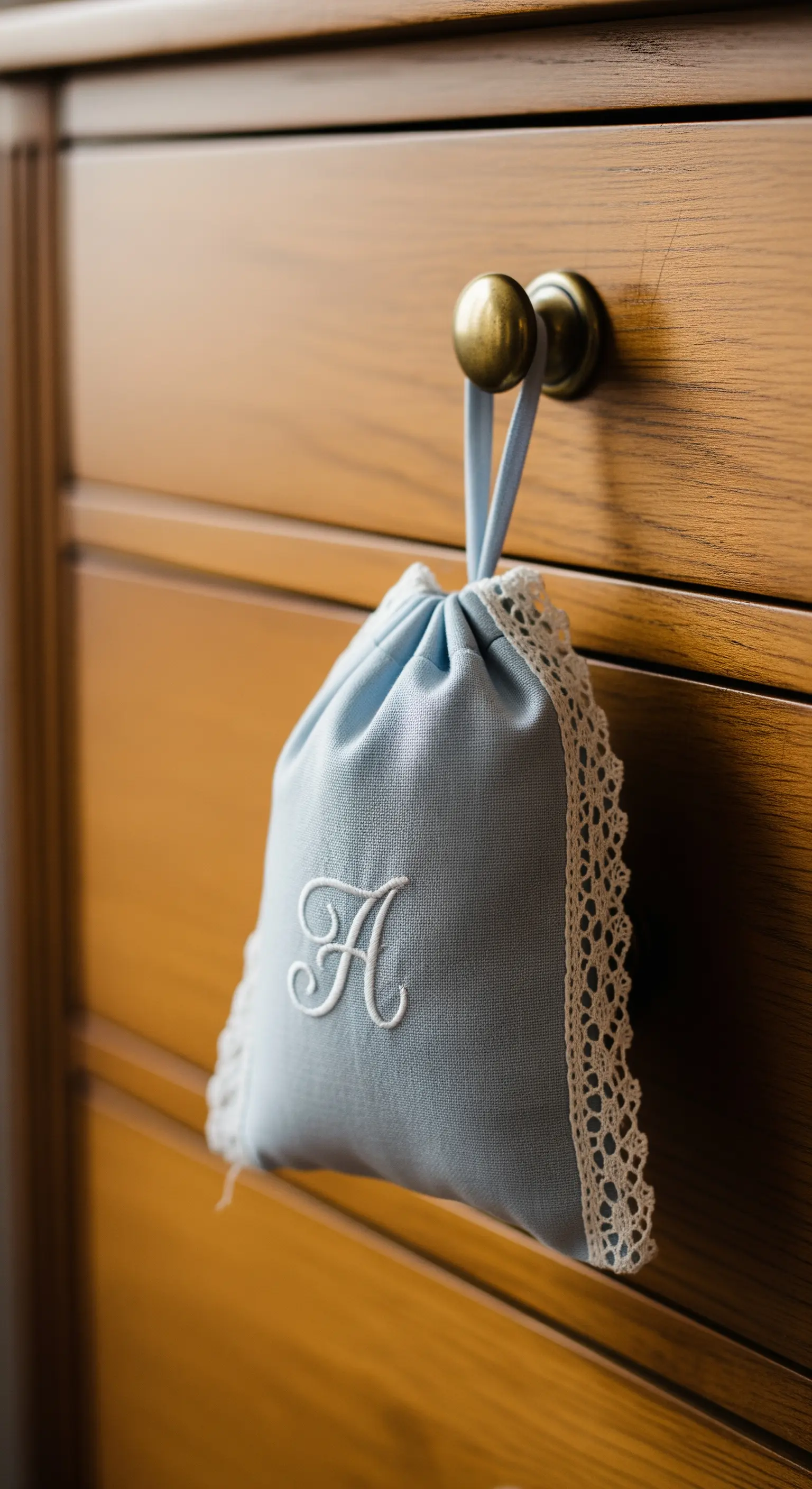 Sacchetto azzurro con iniziale ricamata e bordo in pizzo, appeso al pomello di un cassetto.
