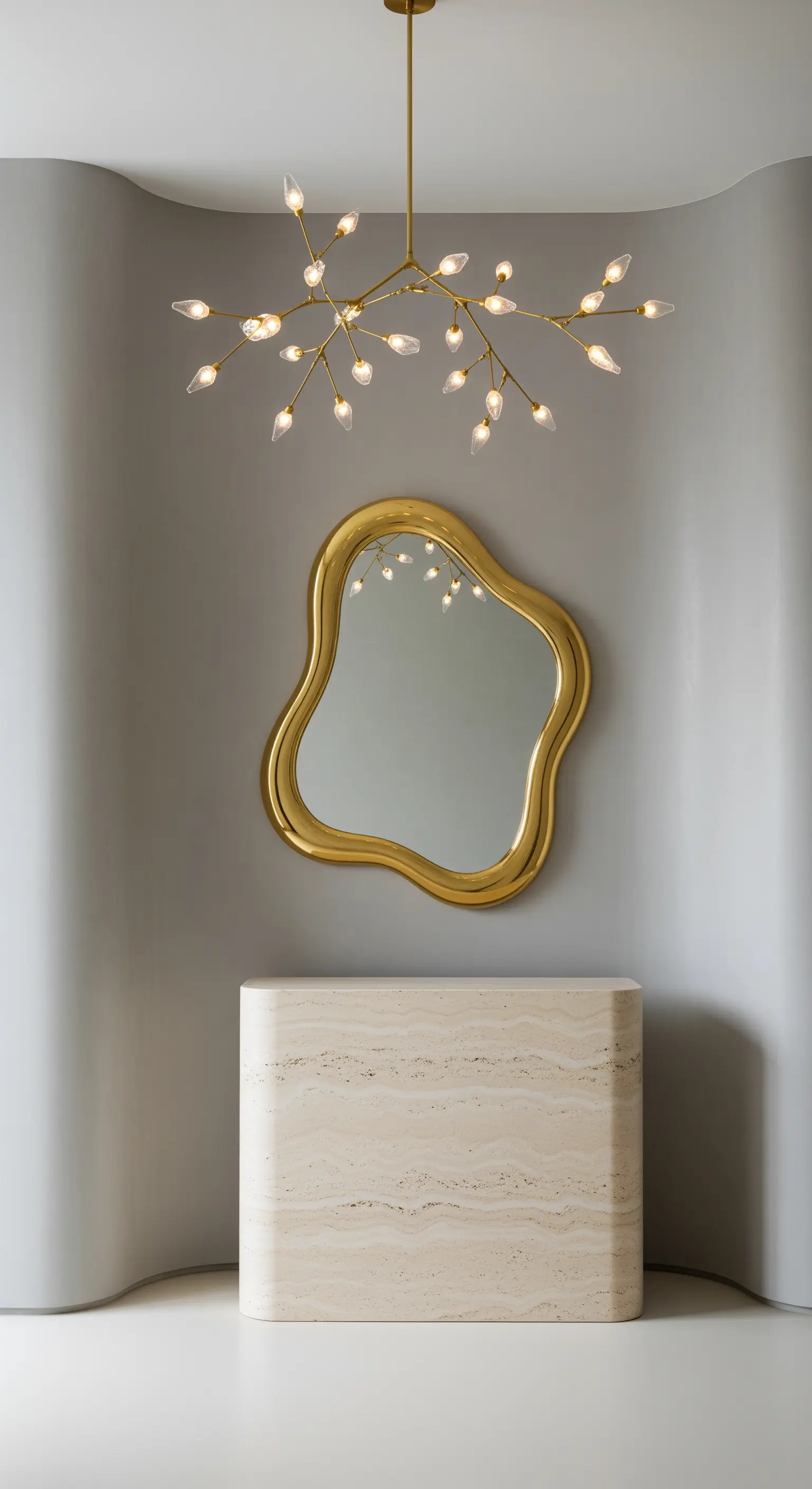 Ingresso con specchio organico dorato, consolle in travertino e lampadario a rami.