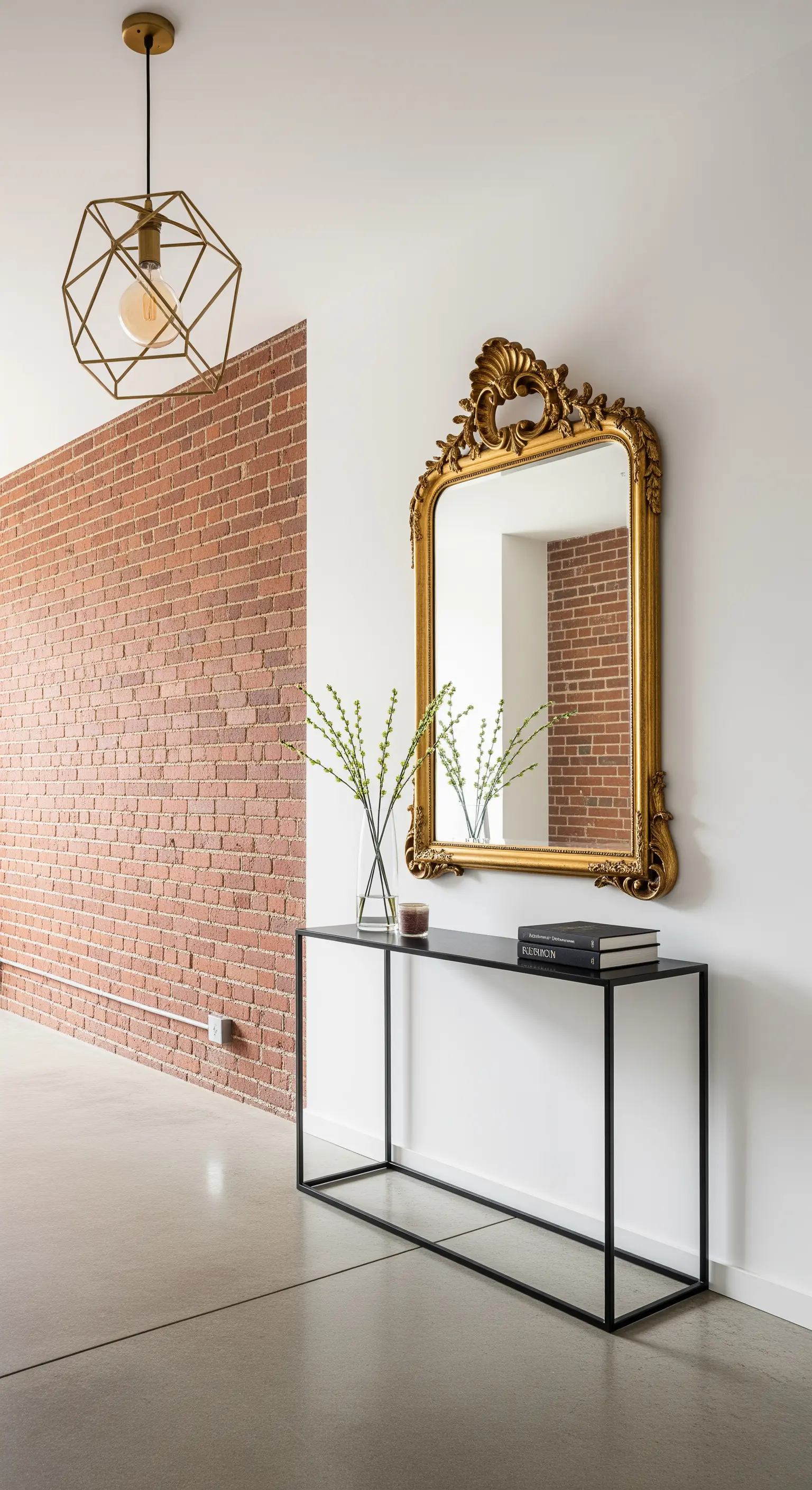 Ingresso con parete in mattoni, specchio dorato antico e consolle nera minimale.