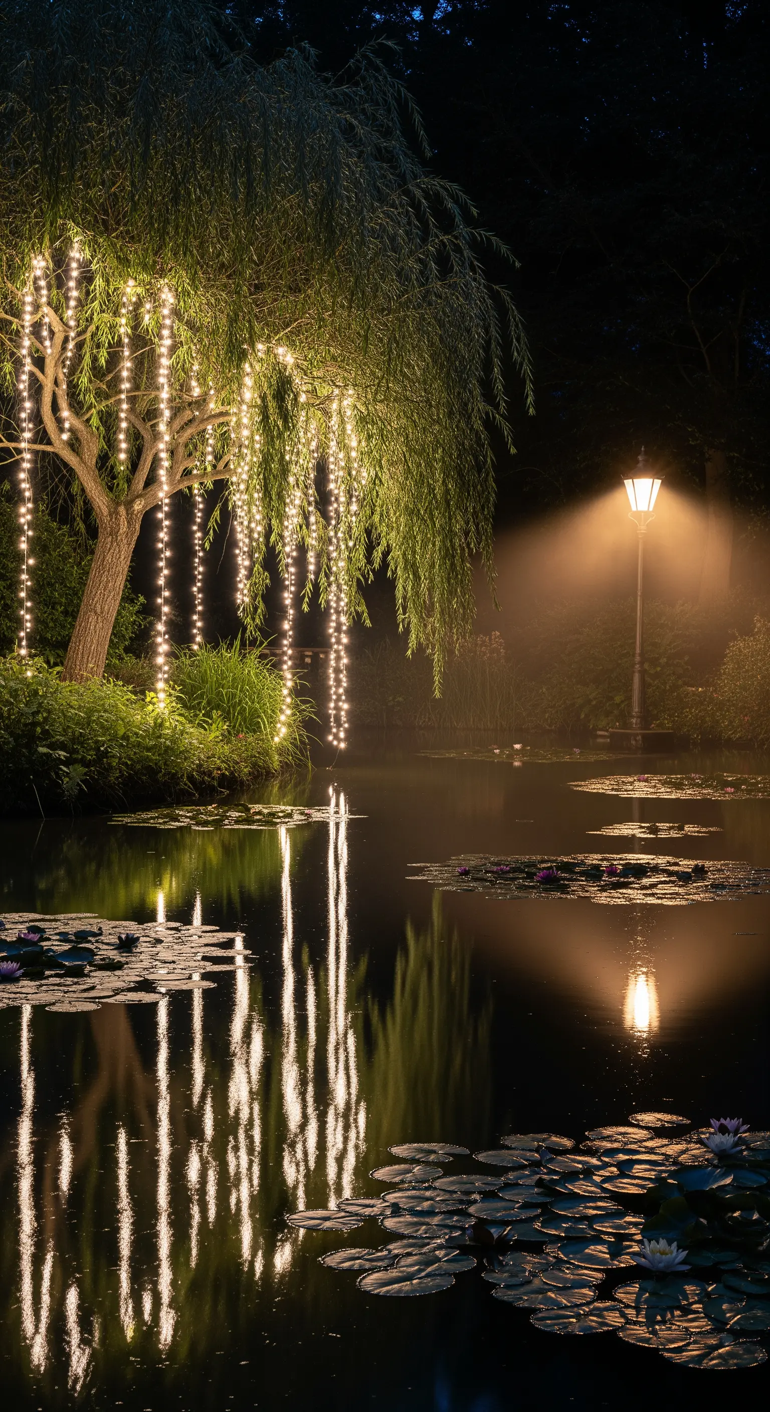 Salice piangente con luci a cascata che si riflettono sull'acqua calma di un laghetto.