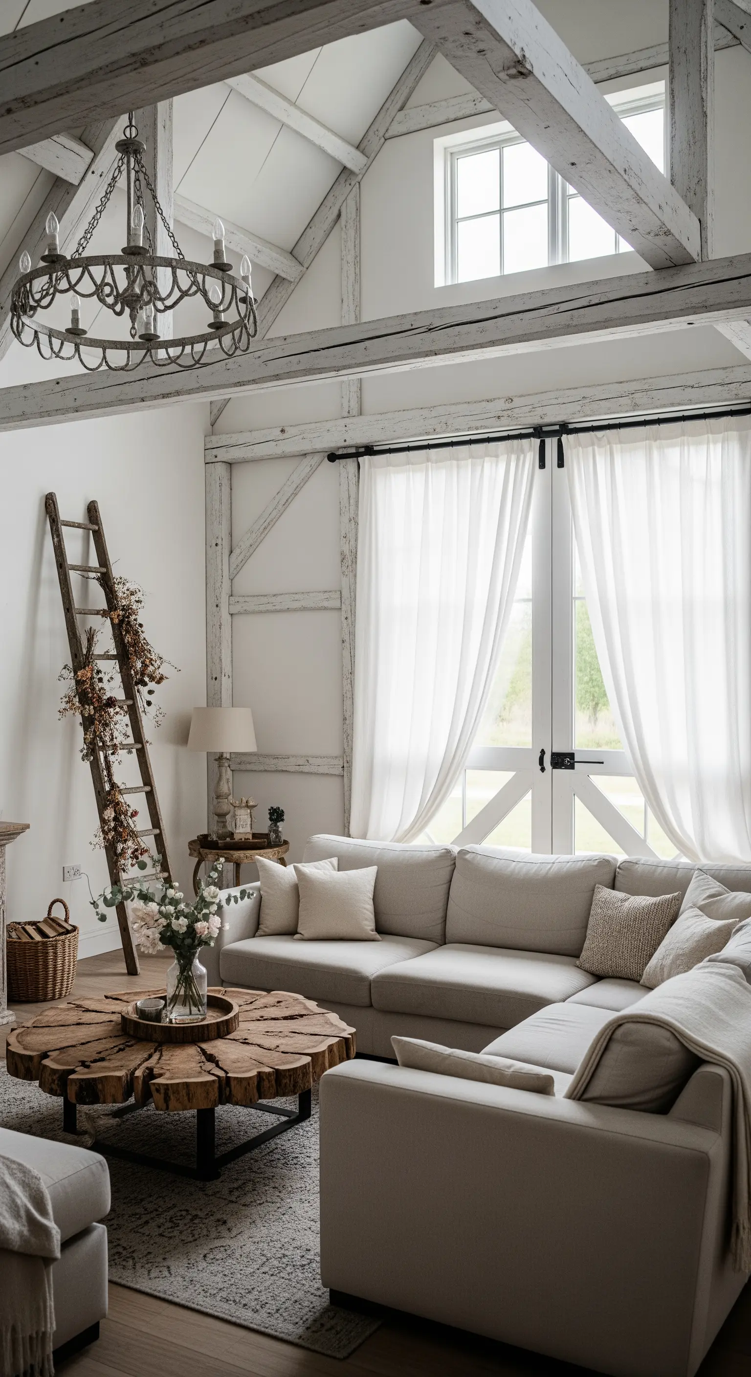 Soggiorno in stile fienile con travi a vista, divano moderno e scala decorativa.